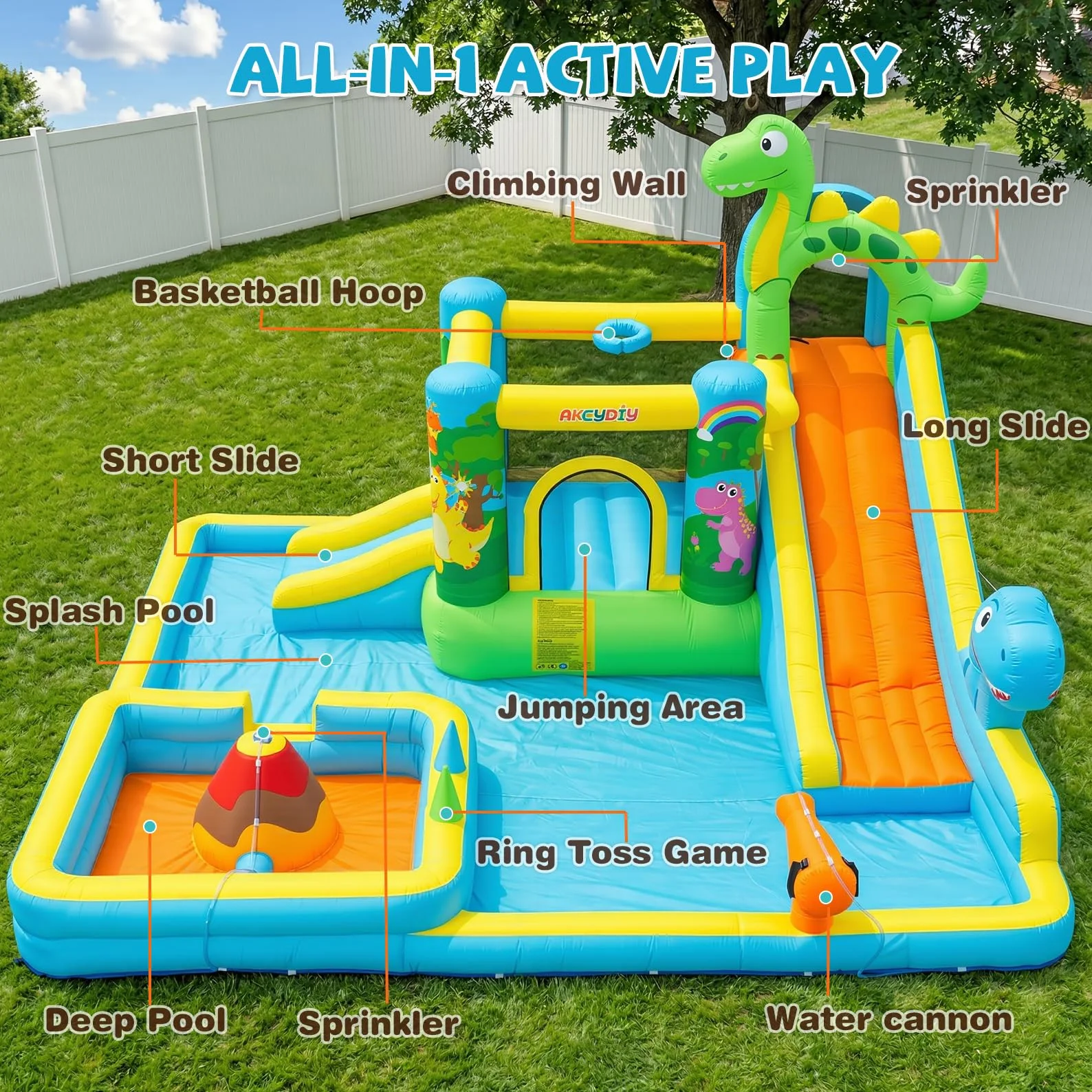 Tobogán acuático Inflable Castillo Hinchable con soplador para niños de 3 años + años, tobogán seco/acuático, Dinosaurios con 2 toboganes, Piscina Infantil y Piscina, Canasta de Baloncesto, cañón de