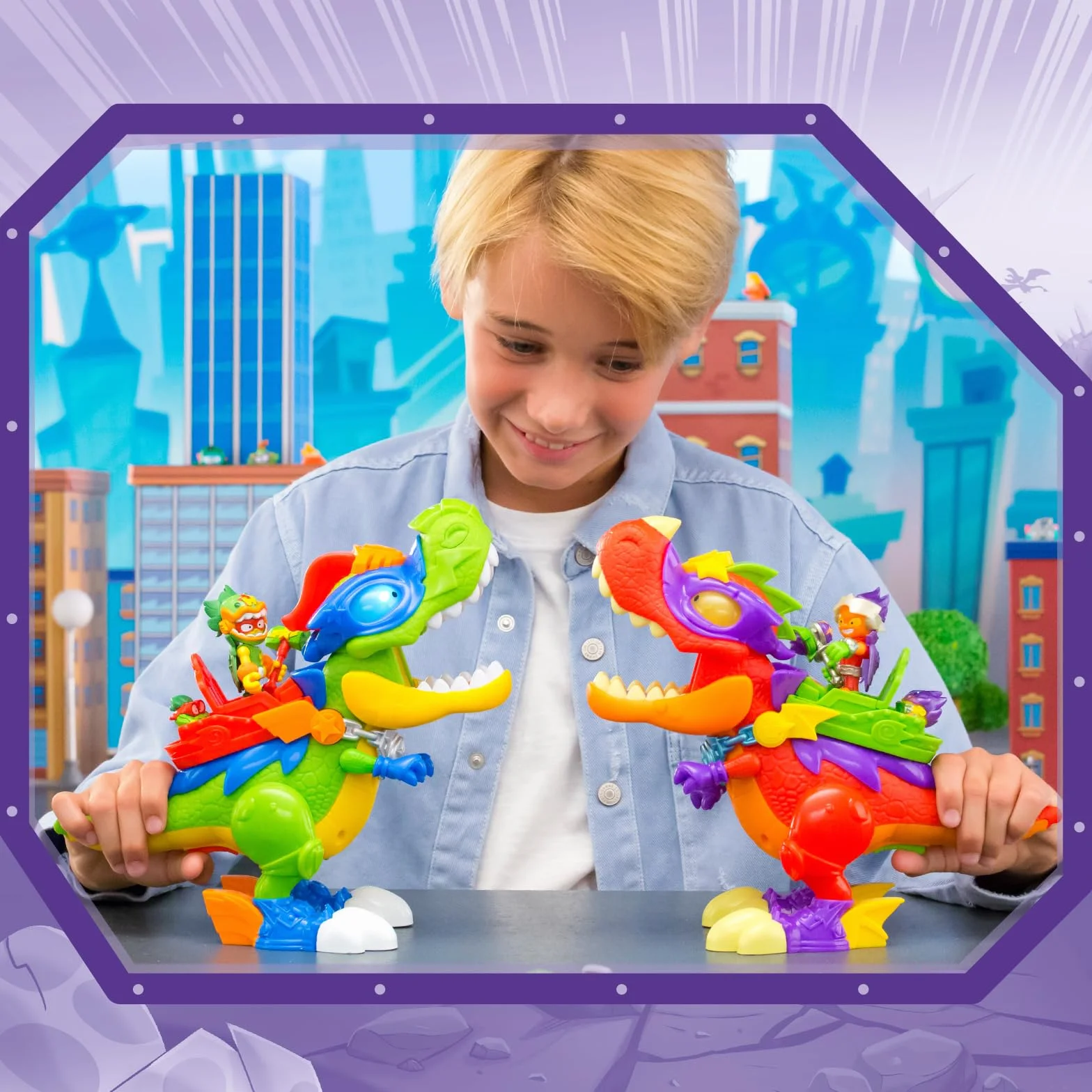 SUPERTHINGS RIVALS OF KABOOM Superdino V-Rex, Dinosaurio articulado Villano con Efectos de luz y Sonido, 1 Kazoom Kid y 1 SuperThing