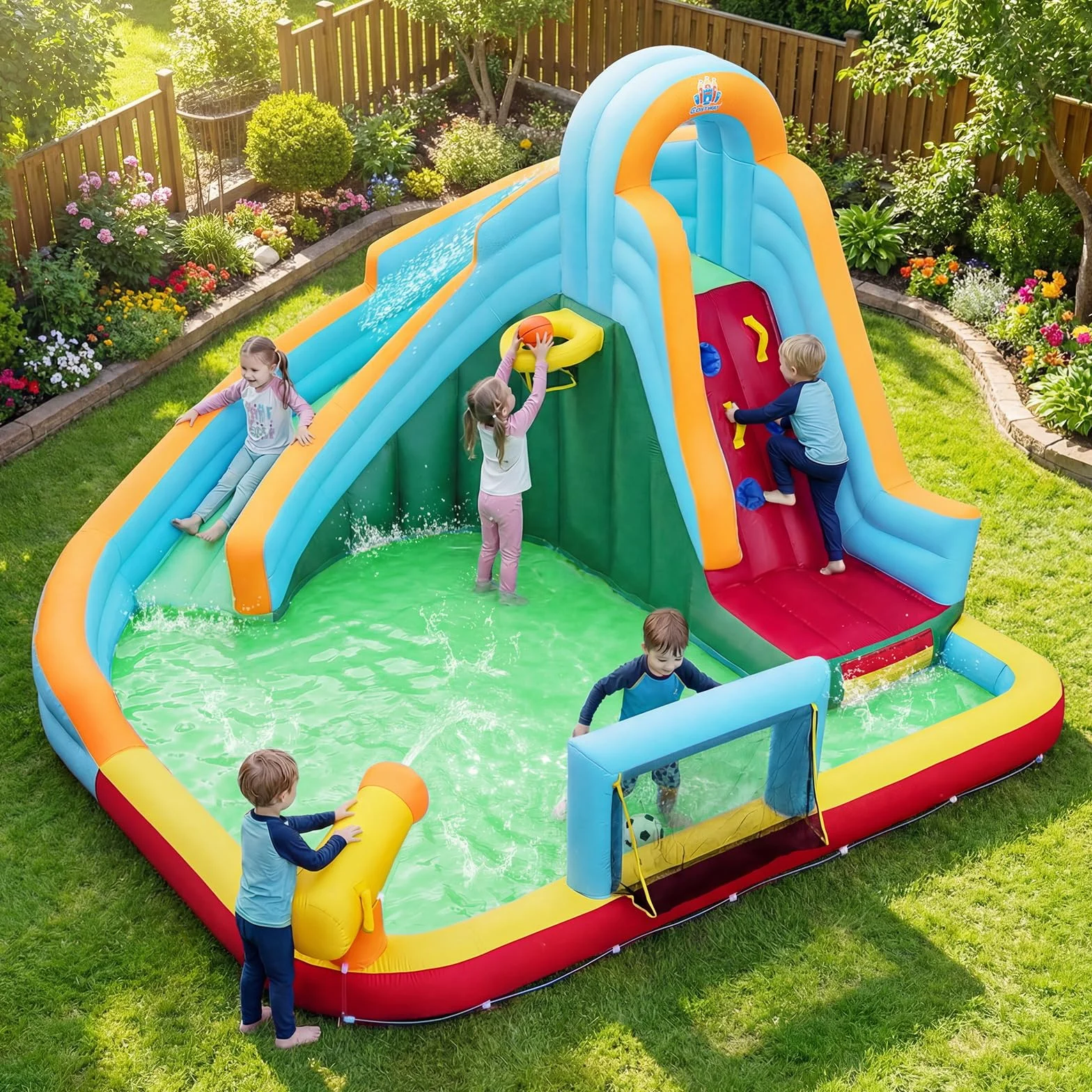 COSTWAY Castillo Hinchable Niños con Tobogán AcuáTico, Parque Infantil Inflable con Bolas Oceánicas, Fútbol, Baloncesto, Muro de Escalada, Aro, Portería y Cañón de Agua para 3 a 12 Años (Sin Soplador)