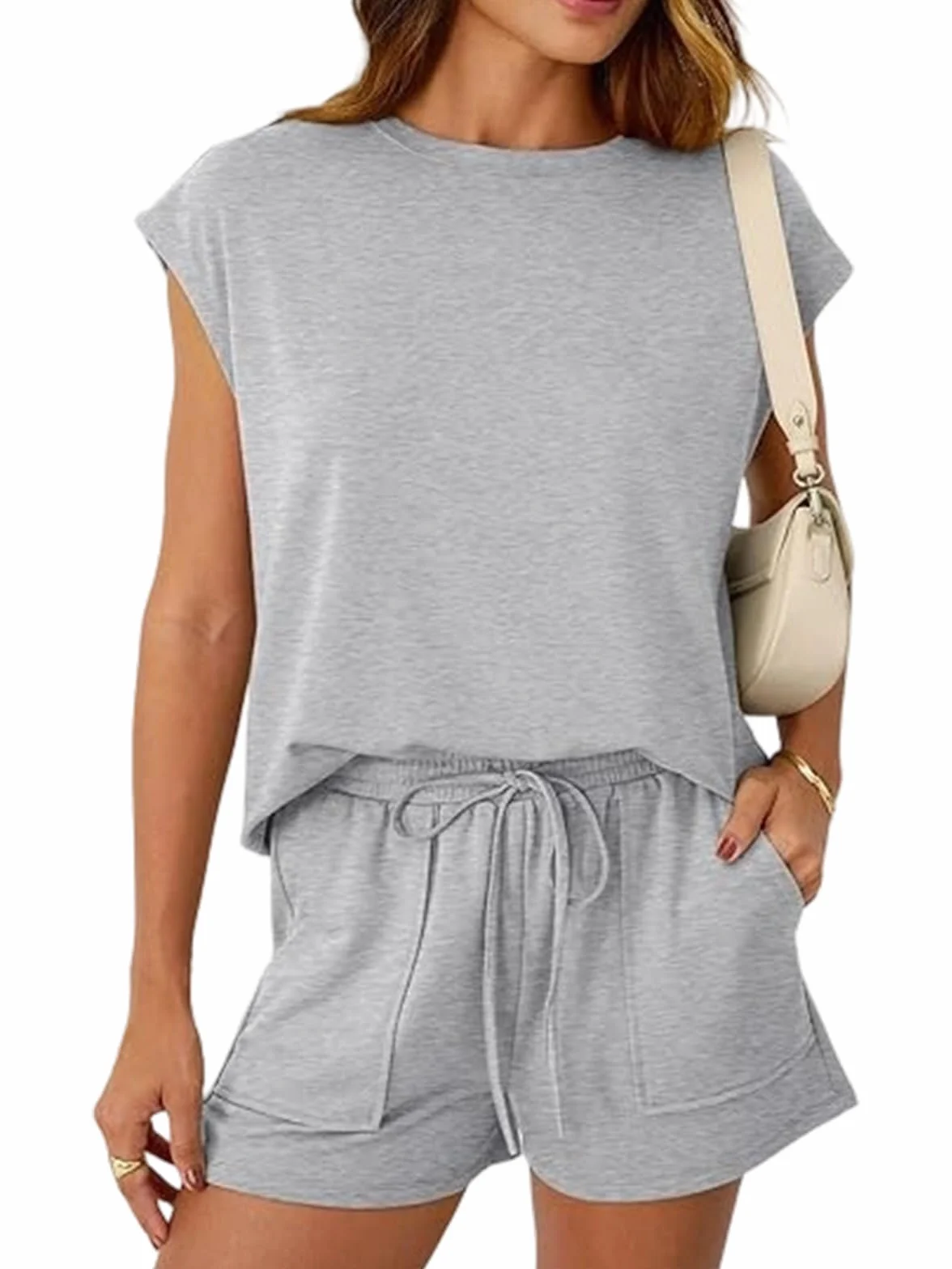 Chándal Mujer Verano 2 Piezas Casual Cuello Redondo Top Sin Mangas Pantalones Cortos Bolsillos Cordón Ajustable