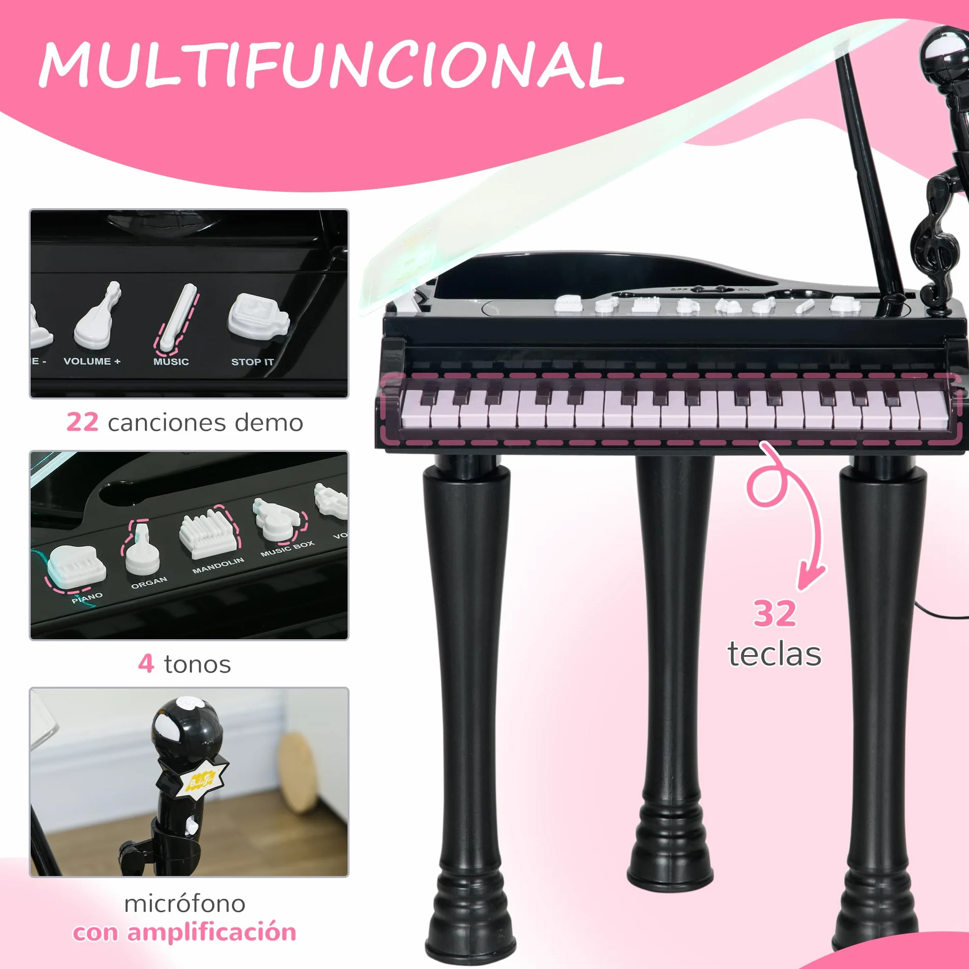 AIYAPLAY Piano Electrónico Infantil de 32 Teclas Juego de Piano con Micrófono Taburete Luces 22 Canciones 4 Sonidos Patas Desmontables y Volumen Ajustable 37x30,5x60,4 cm Negro