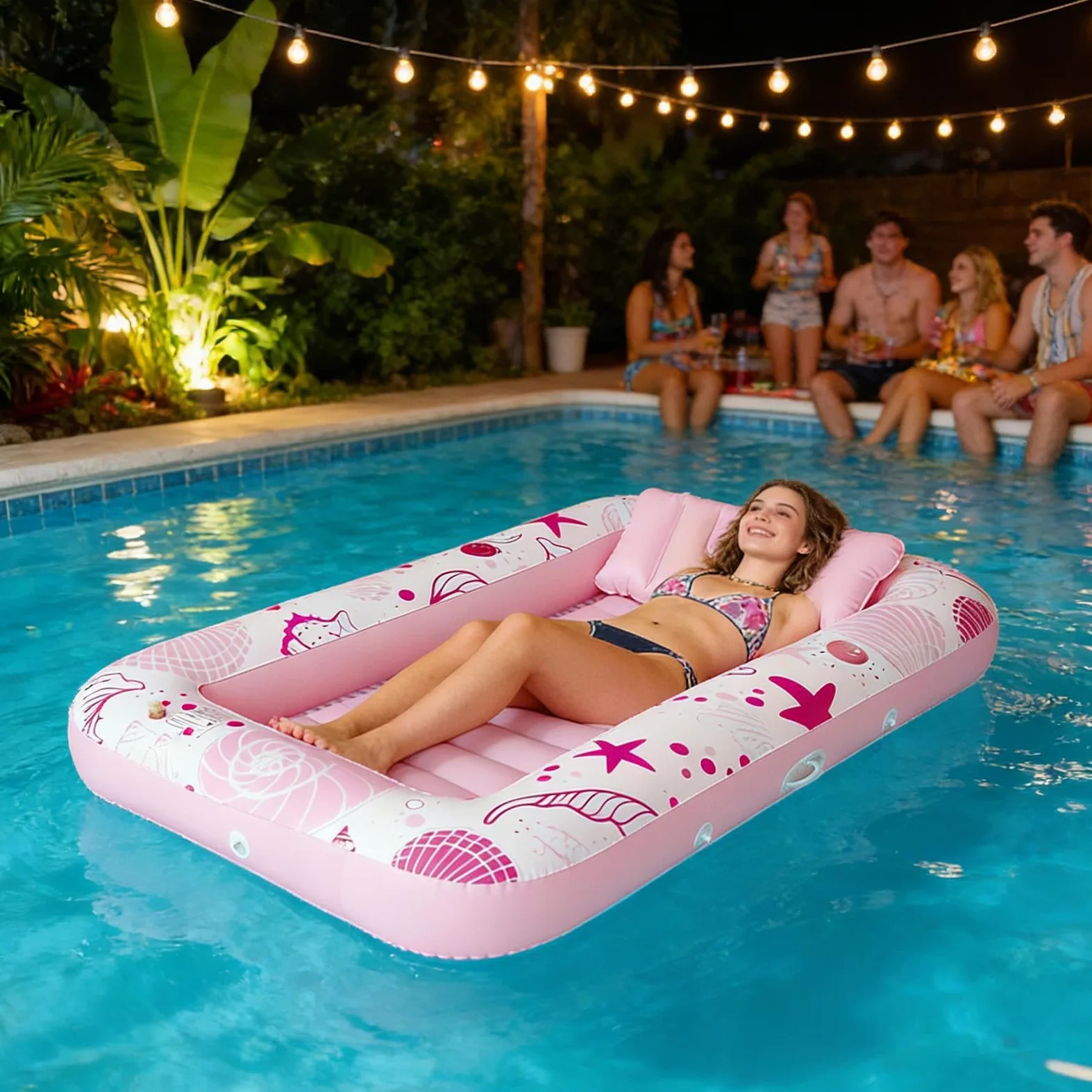 Balsa flotante para bañera de sol, flotador inflable para piscina con portavasos, tumbona de PVC azul y rosa para parejas, familia, tomar el sol, bronceado, playa, lago, resort, relajación de verano