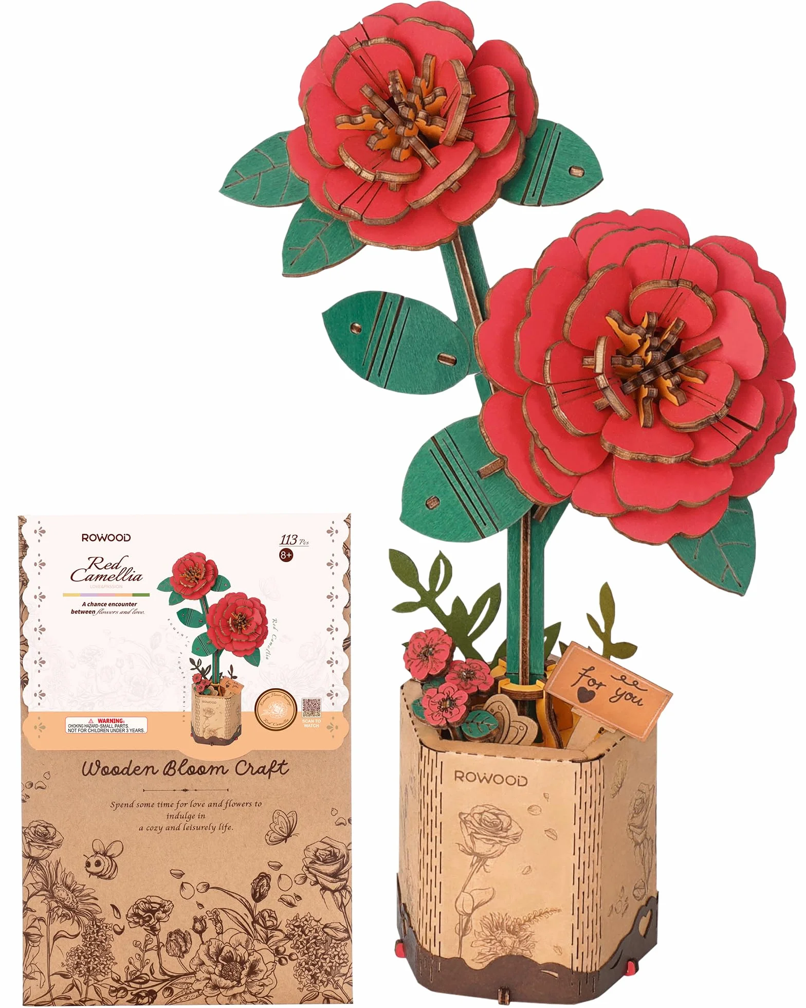 Puzzle 3D DIY Flor de Madera Maqueta de Flores Artificiales para Montar Adultos (Red Camellia)