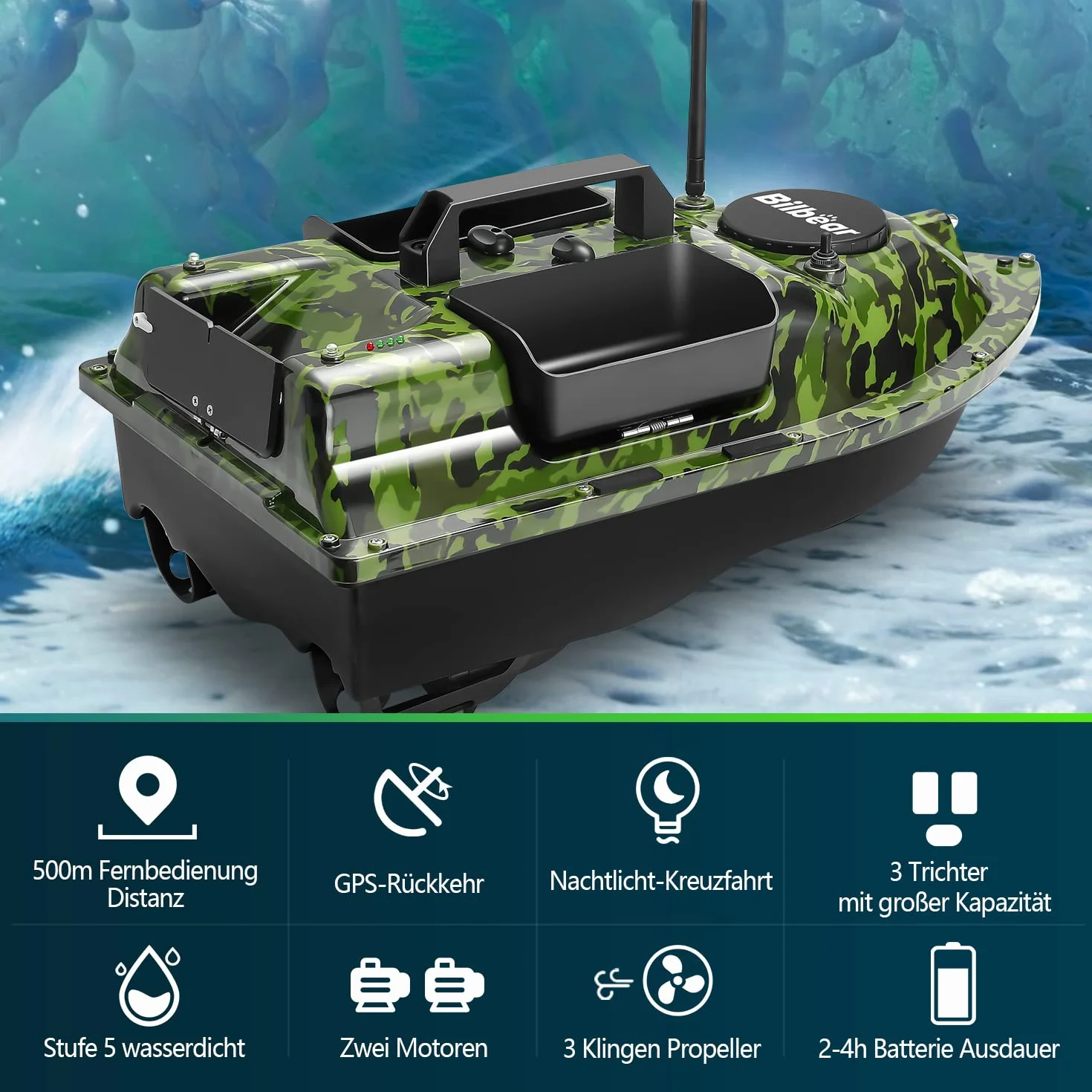 barco de cebo GPS con echólot y GPS, 3 compuertas, suministro de cebo, pesca con sensor sonar, batería de repuesto, bolso (Camo Boot con buscador de pescados)