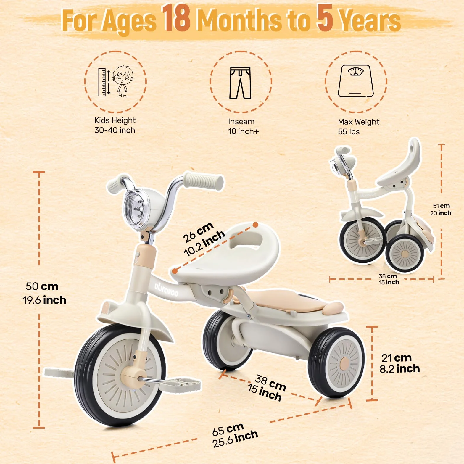 UBRAVOO Bebés Triciclo Plegable, con Pedales, Luces Geniales, Ruedas Duraderas y Asiento Cómodo, Triciclo para Niñas y Niños de 1 a 5 Años (Blanco)