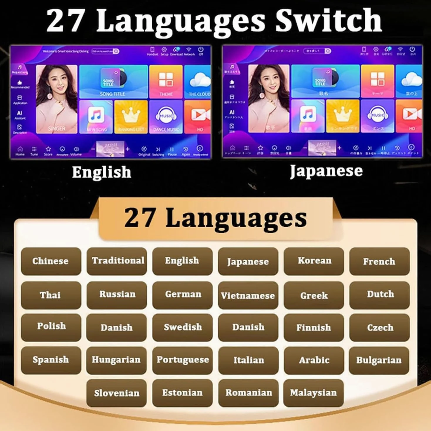 Máquina de karaoke con micrófono inalámbrico, 27 idiomas conmutables, selección inteligente de canciones, amplificador de potencia, control de aplicación para el hogar y el bar,