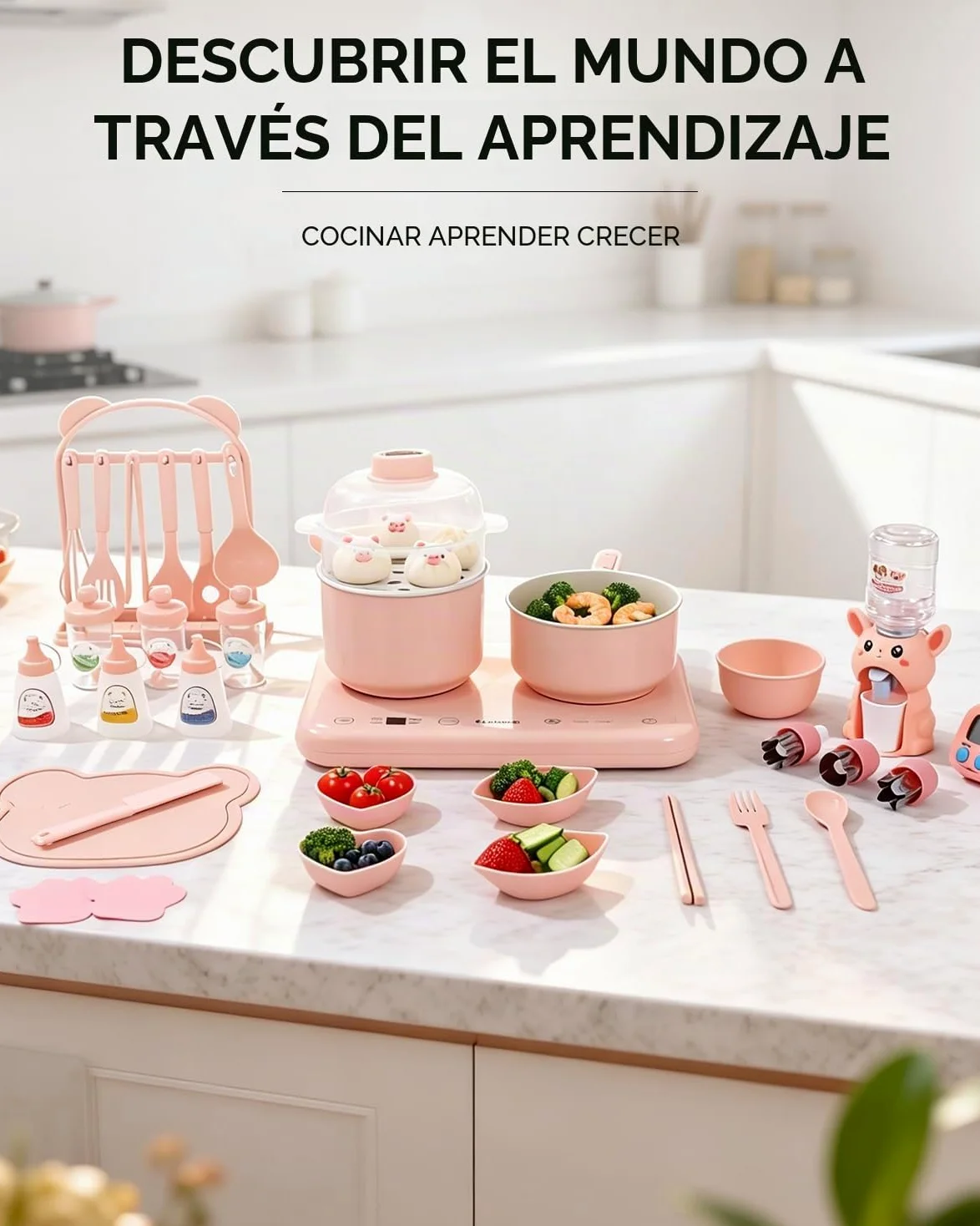 BICRET Juego de Cocina Eléctrica para Niños con Doble Fuego, Accesorios Completos, Incluye Utensilios de Cocina y Cuchillo de Chef Seguro, para Niños de 8 a 12 Años (Rosa)