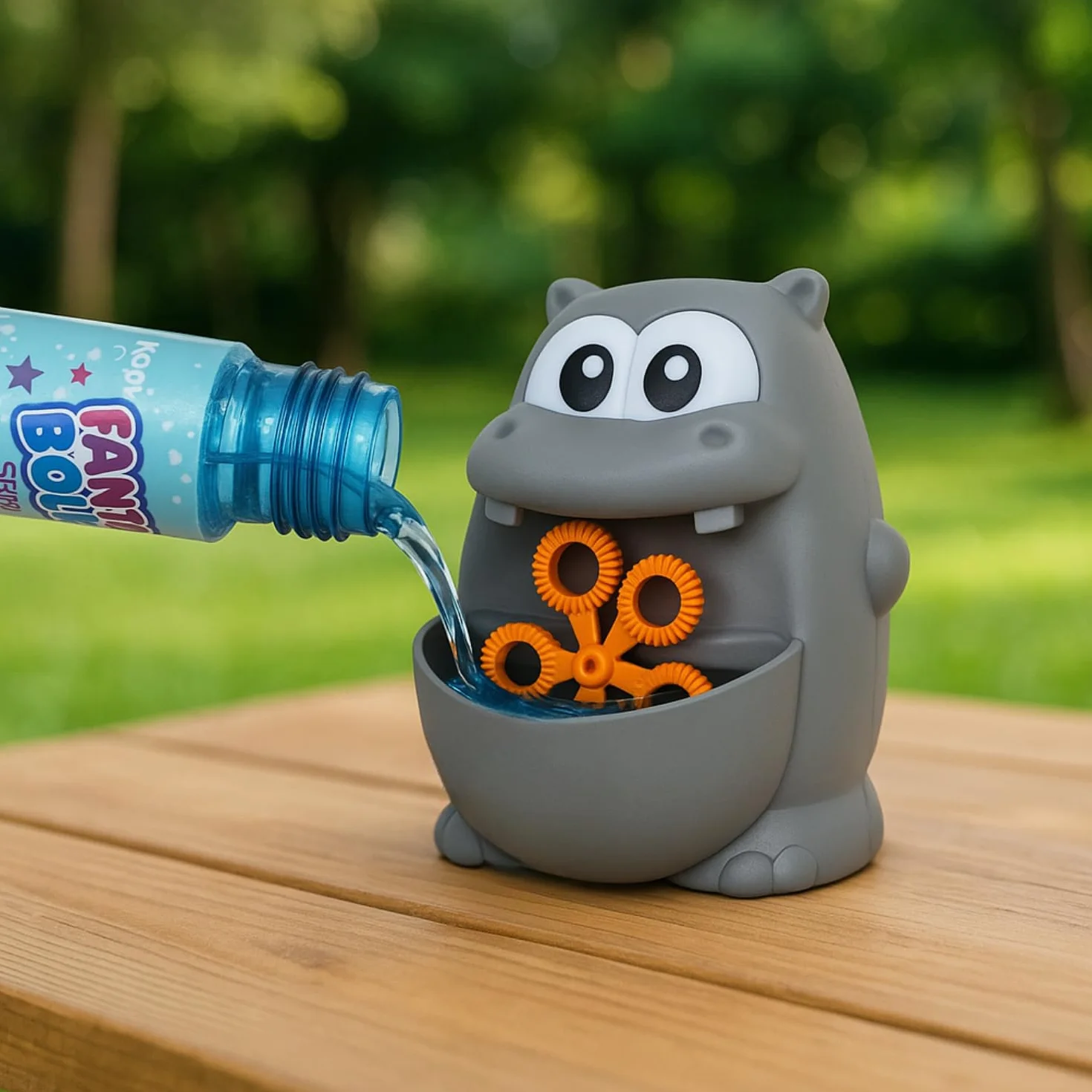 BEPER Máquina de Burbujas para Niños – Forma de Animal (Hipopótamo o Rana) – Funcionamiento Continuo – 56 ml de Líquido Incluido, Pilas No Incluidas