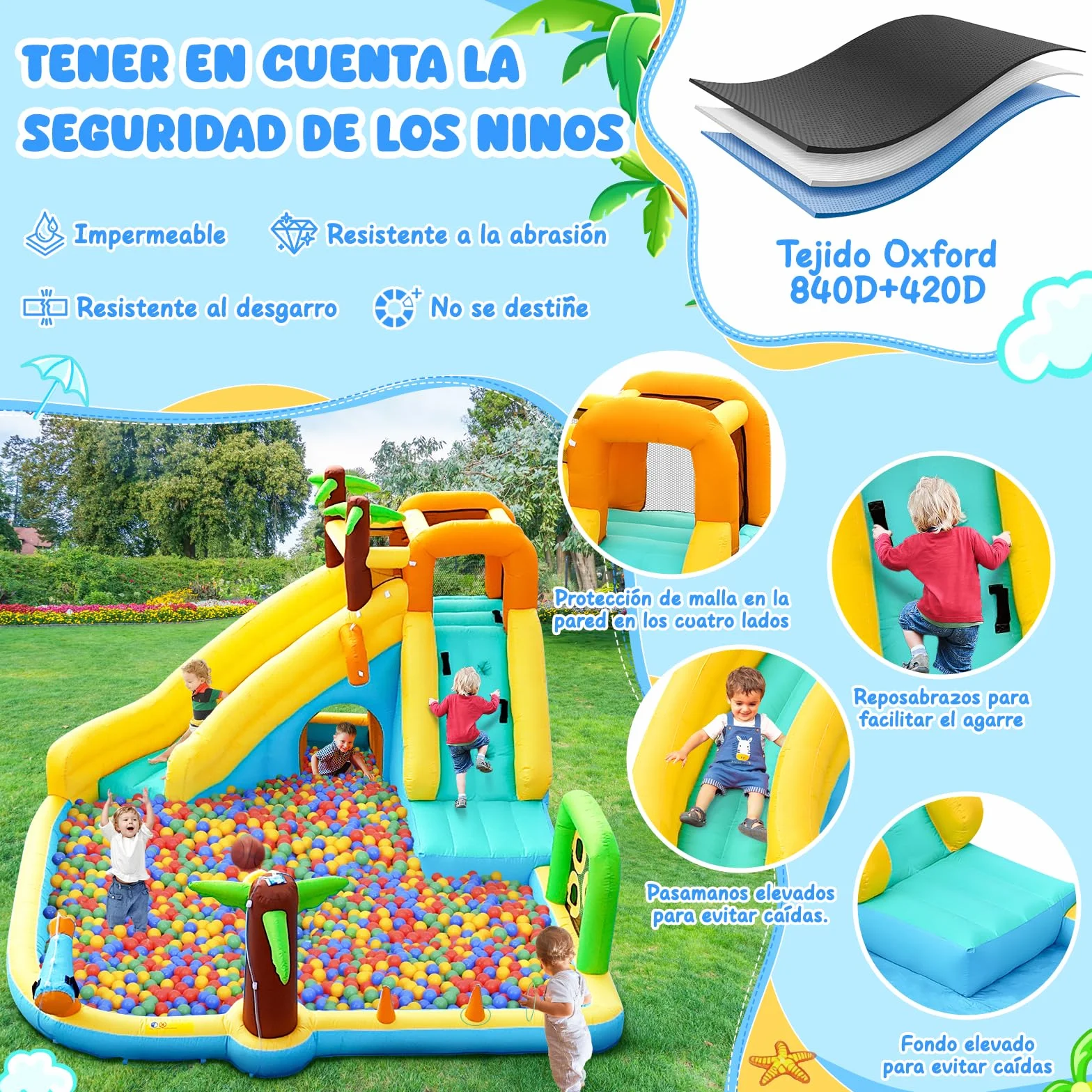 Tobogán Inflable de Agua con Ventilador 450W - Castillo Hinchable 10-en-1 para Niños en Interior y Exterior con Piscina, Aspersores y Tobogán Largo