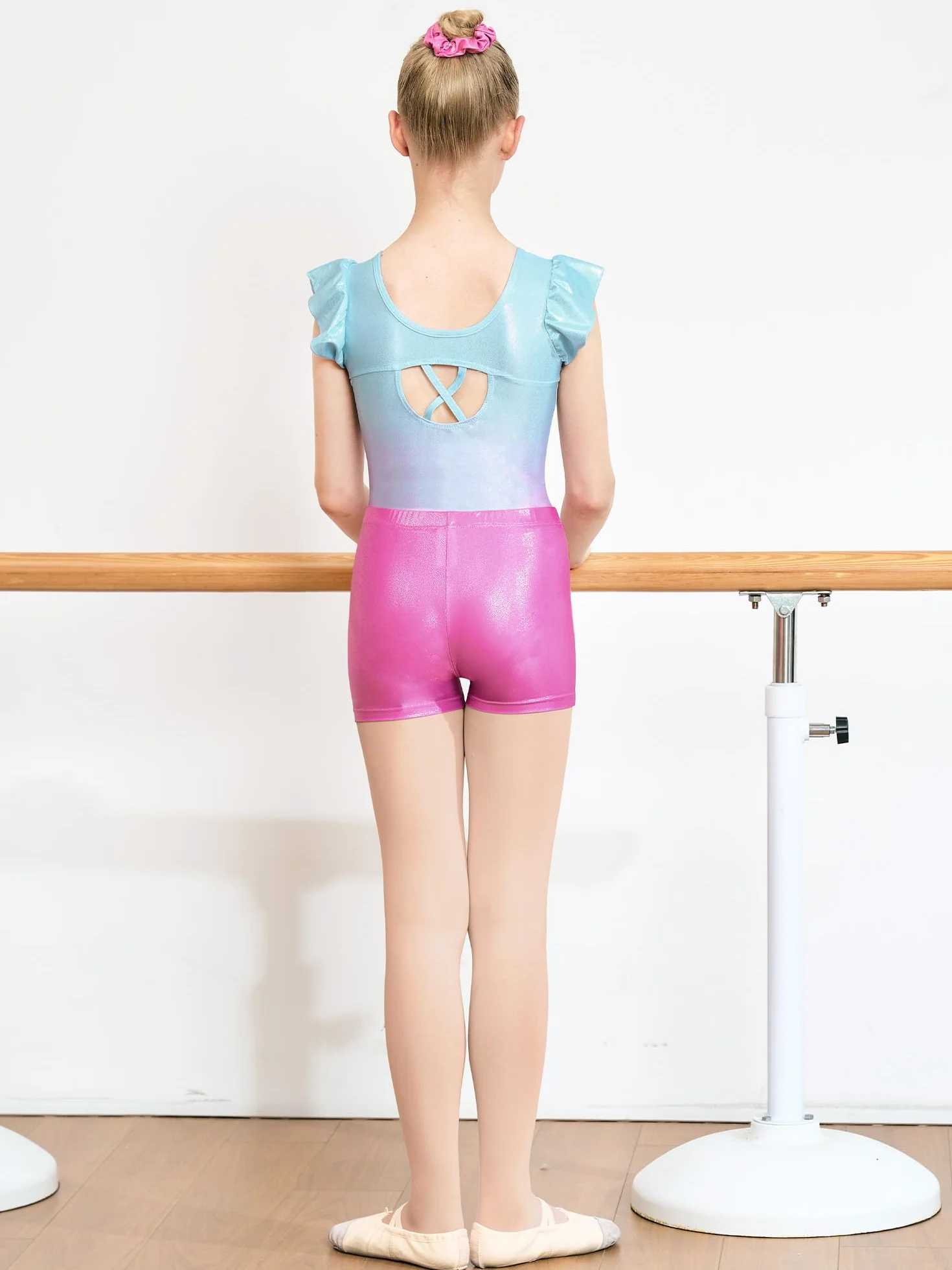 Gogokids Conjunto de gimnasia de 3 piezas para niñas, leotardos con lentejuelas degradadas y purpurina