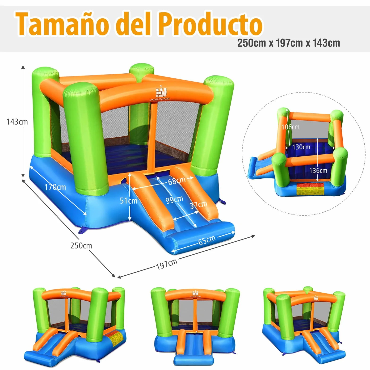 COSTWAY Castillo Hinchable, 2 en 1 Castillo Hinchable para Niños 3 a 10 años, 250 x 195 x 143 cm, Insuflavel Crianças Interior Exterior (sin Solplador)