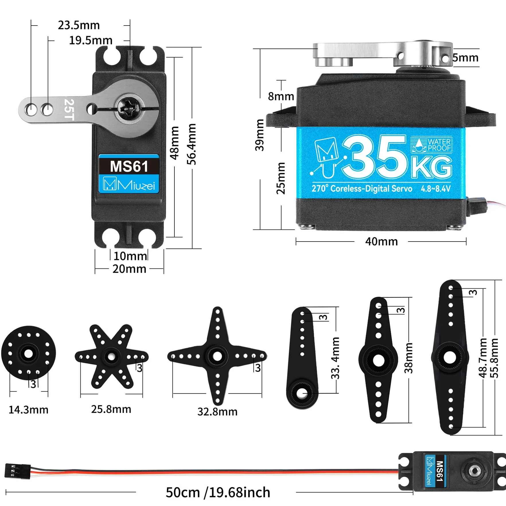 Miuzei Servo 35 kg 270° RC Digital Servomotor impermeable metal engranaje motor modelado para coche 1/10 1/8 robot brazo avión 8,4 V alta velocidad Torque Micro servo de dirección con cable 25T