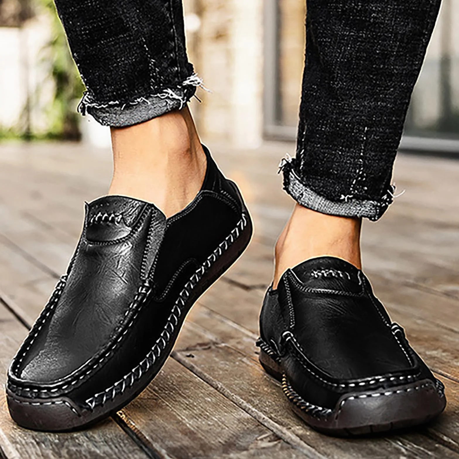 Mocasines de cuero para hombre sin cordones caña baja ligeros transpirables zapatos vestir suela suave