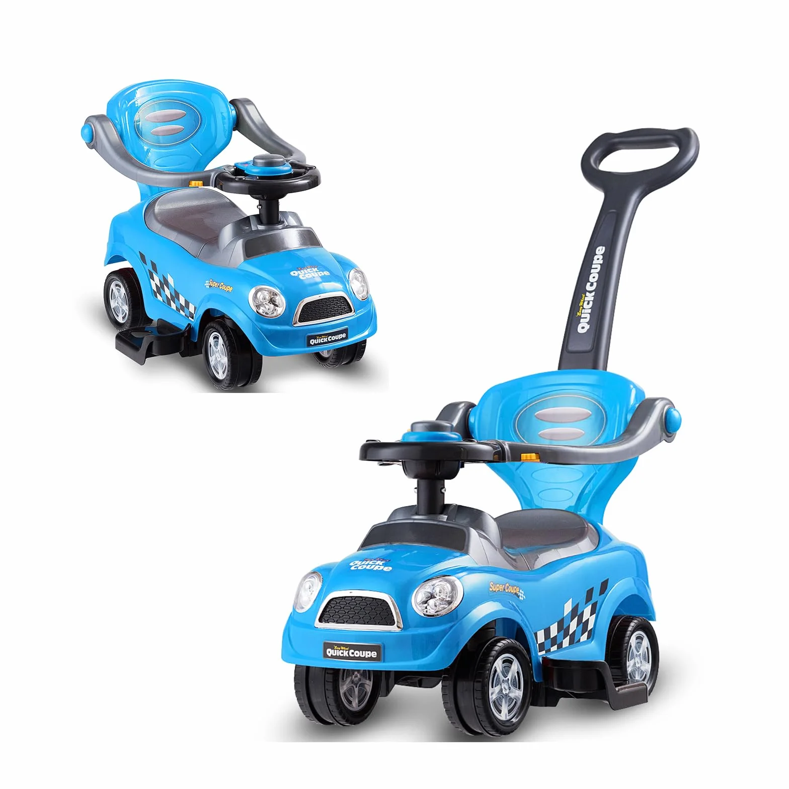 COSTWAY 3 en 1 Coche de Empuje Infantil, Coche para Niños de Pie con Barandillas Desmontables y Asa, Bocina, Espacio de Almacenamiento Oculto y Diseño Antivuelco para Niños de 2 a 6 Años (Azul)