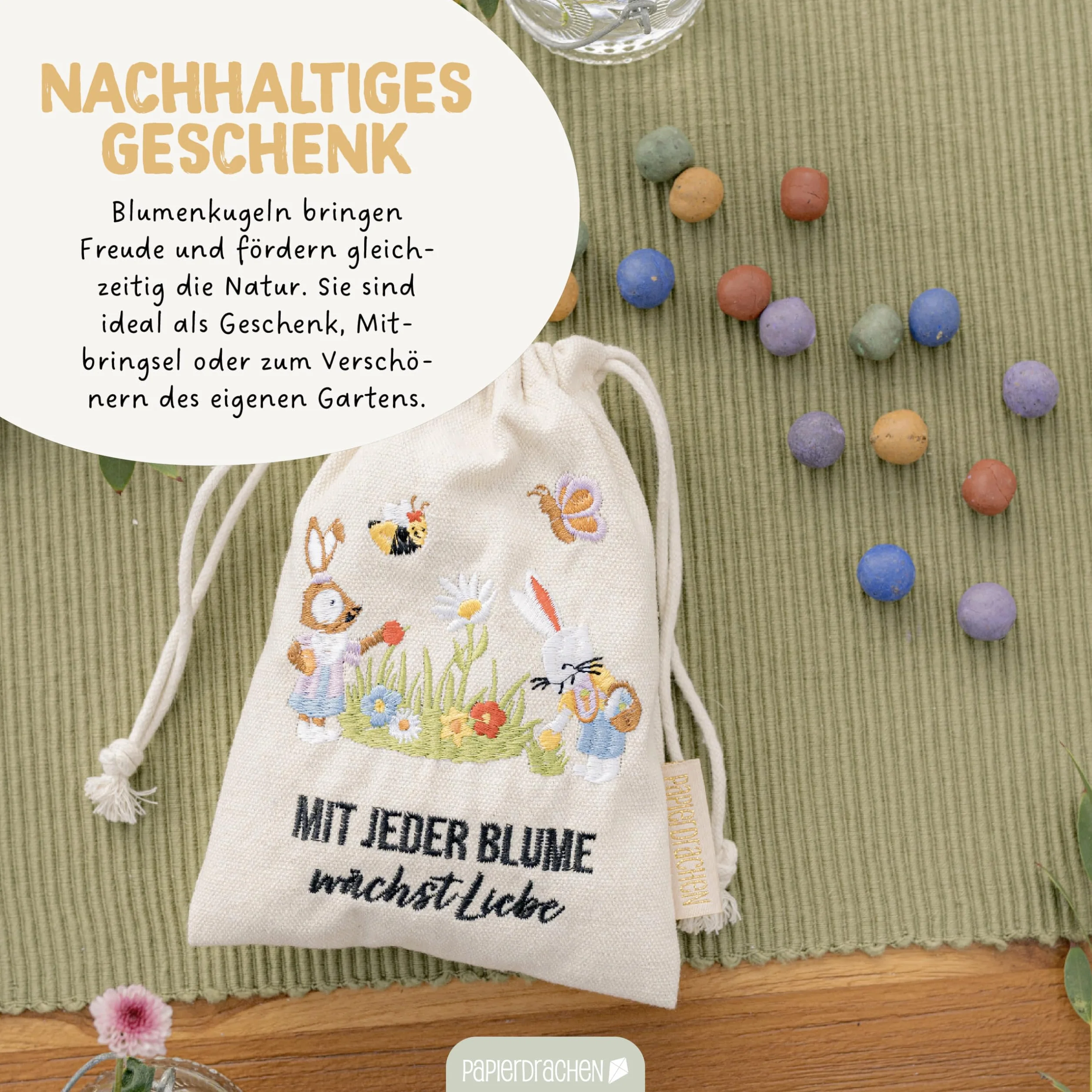 Papierdrachen 20 bolas de flores con saquito de conejo de Pascua – Semillas de flores – Pascua – Bordado colorido – Abejas – Regalo sostenible
