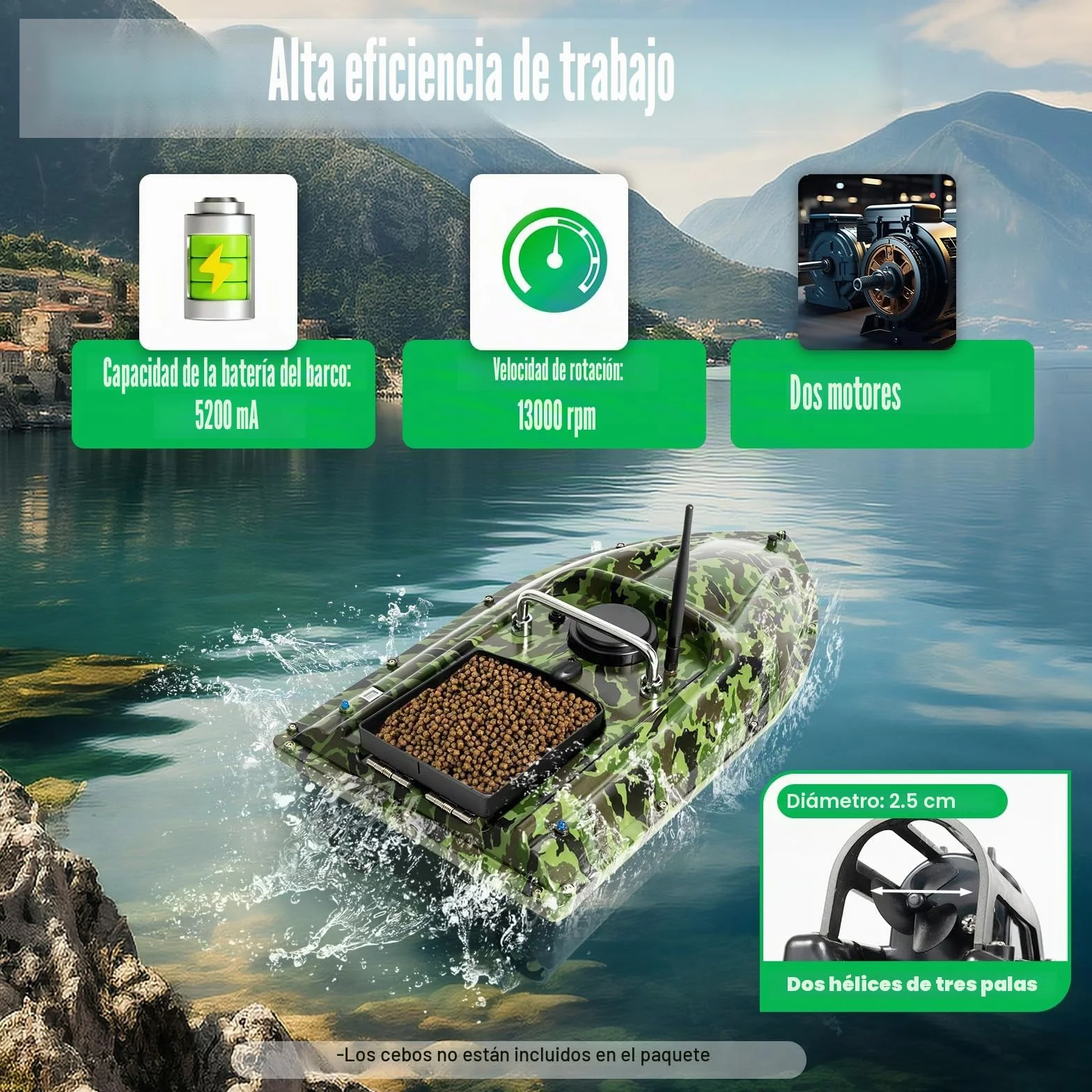 Barco Cebador Pesca Barco De Cebo para Pesca Barco De Señuelo Teledirigido De 500 Metros Mango Plegable,Capacidad 1,5 kg,Adecuado para Lago, Río, Mar,(Barco De Camuflaje Barco)