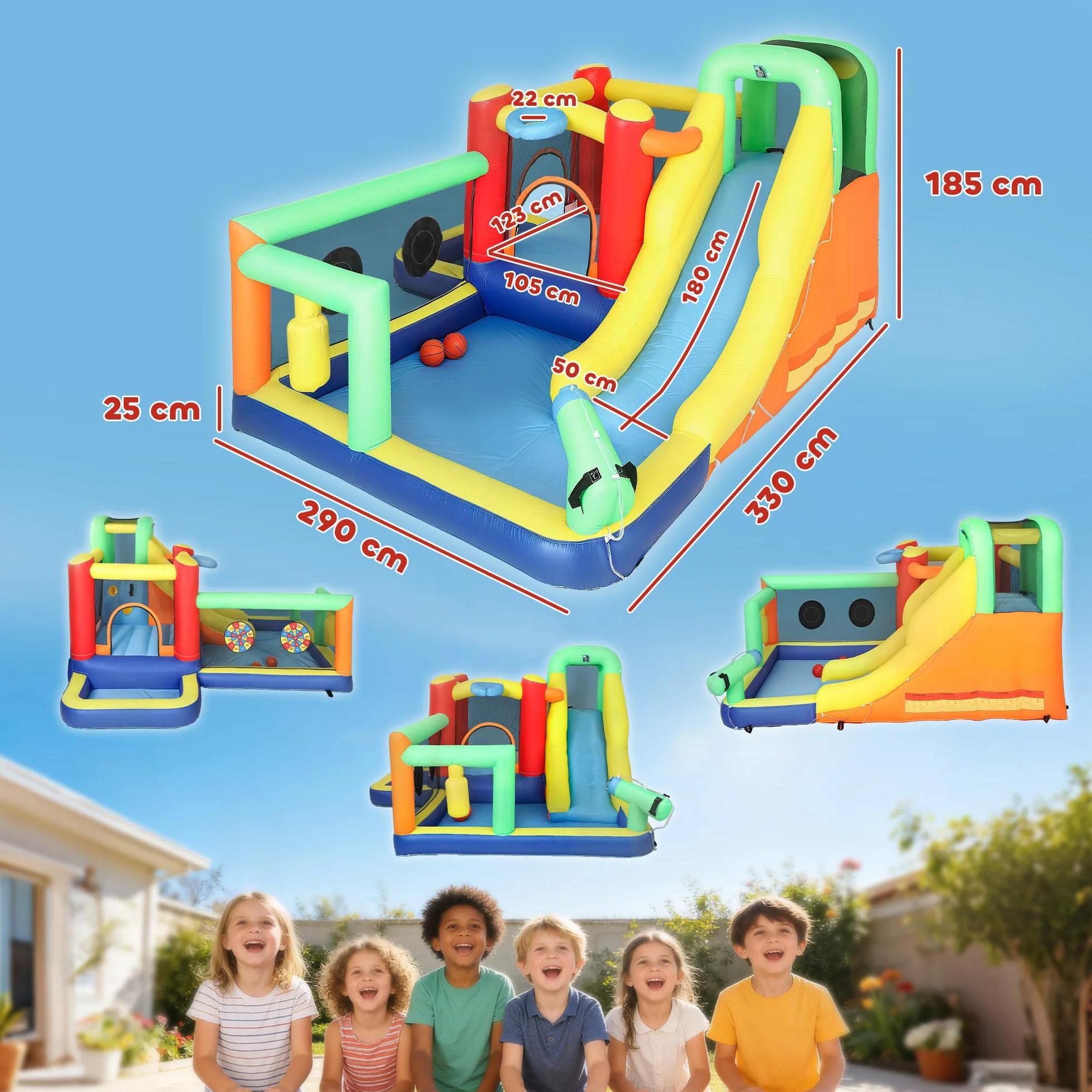 AIYAPLAY Castillo Hinchable Acuático con Soplador 550W 9 en 1 Castillo Hinchable Niños con Tobogán Zona de Salto Escalada 2 Piscinas Canasta Columna de Boxeo Dardos Exterior Interior 330x290x185 cm