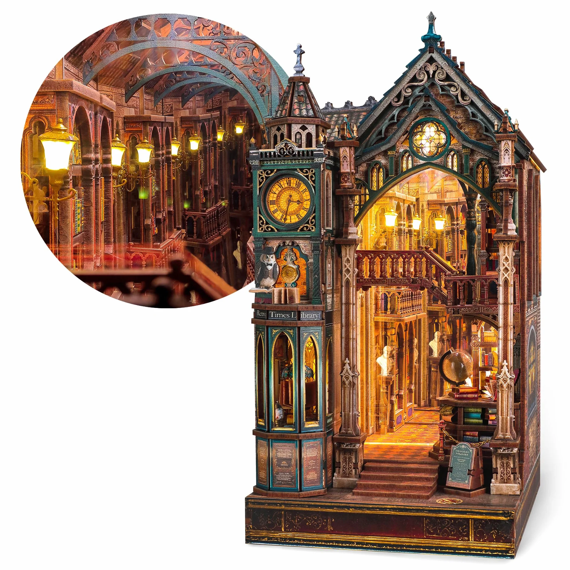 FUNPOLA Magic Library Book Nook Kit – Puzzle 3D de Madera con Espejo Infinito LED – Decoración DIY para estantería