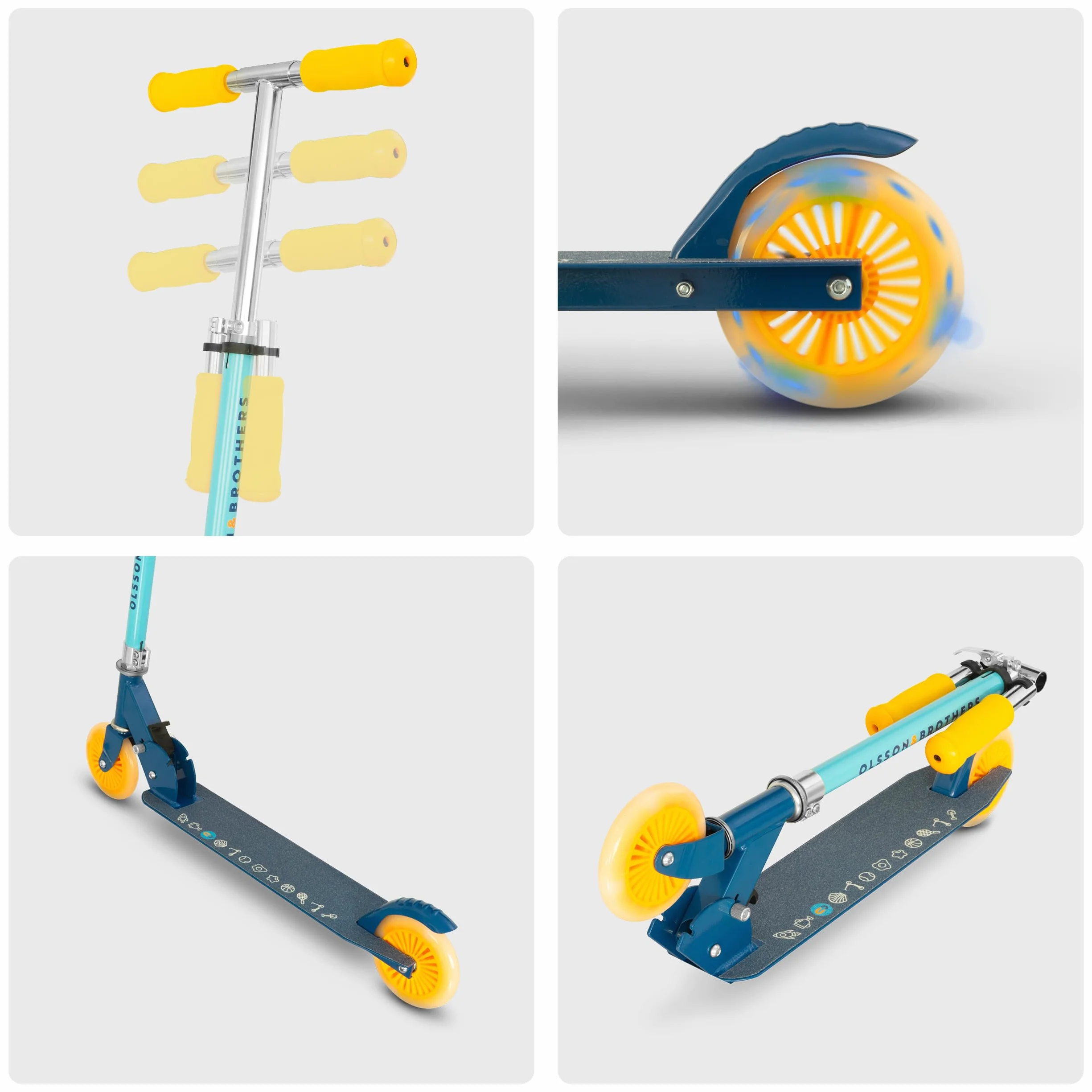 Patinete Niño con Luces LED OLSSON Rocket - Manillar Altura Regulable (70-87cm) con Giro 360º - Ruedas PU 120mm con Luces LED - Rodamientos ABEC 7 - Freno Trasero - Plegable
