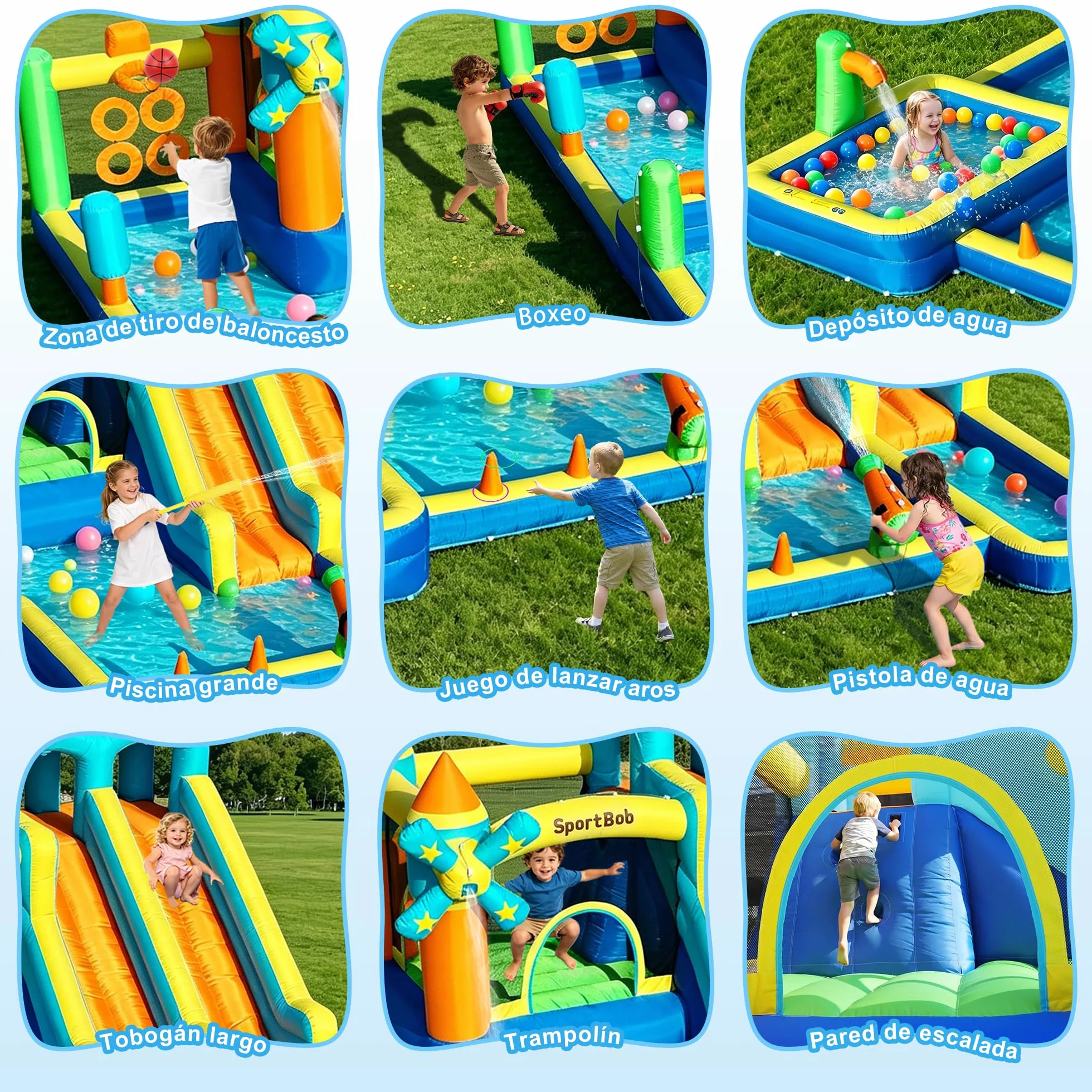 Castillo hinchable con doble tobogán, soplador, piscina infantil, zona de salto y pared de escalada, ideal para uso en interiores y exteriores, reuniones familiares y ocasiones de cumpleaños