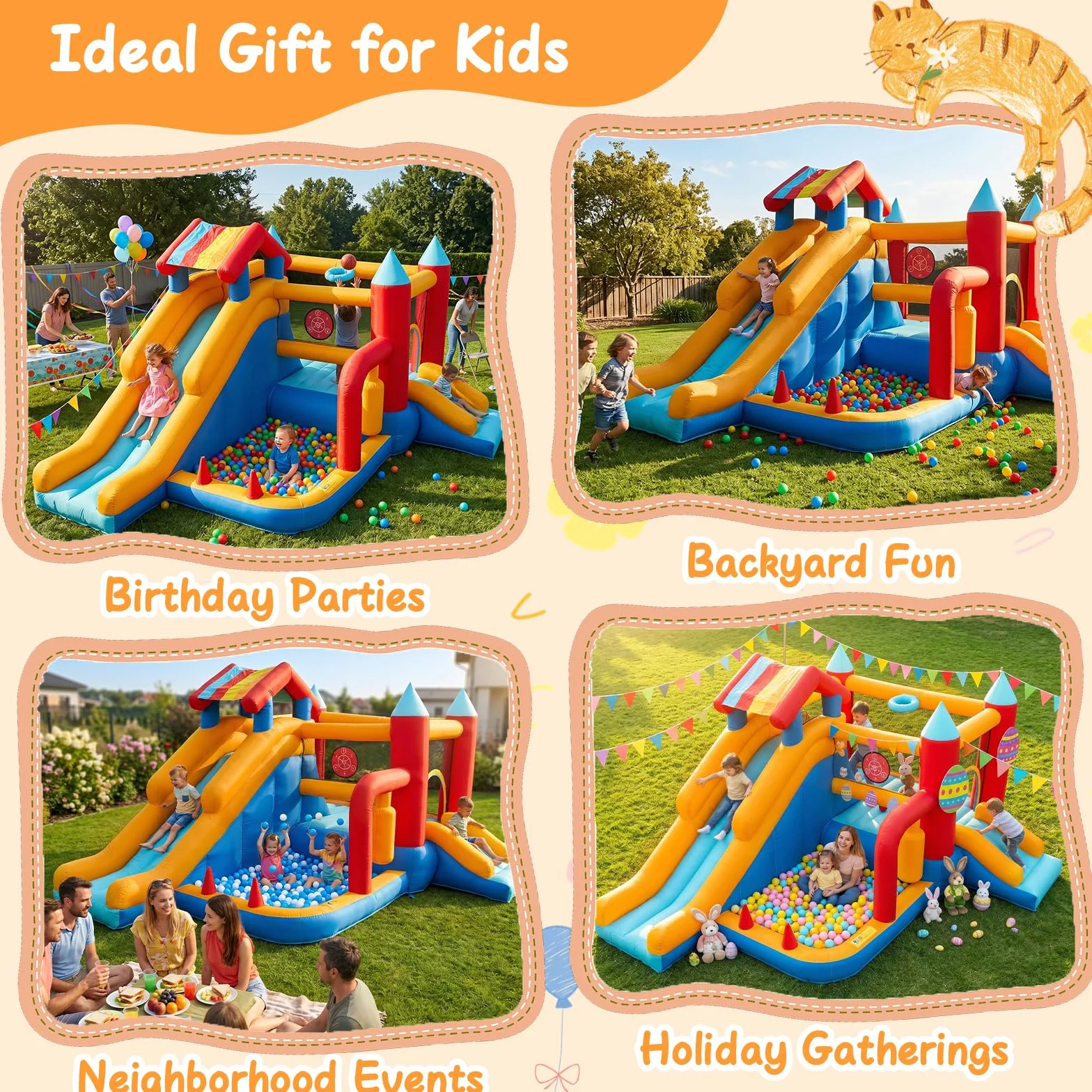 Castillo Hinchable para Niños, FOOING 9 en 1 Casa Inflables con Soplador de Aire, Trampolín, Tobogán, Estante Baloncesto, Pared Escalada, Casa Inflable Interior al Aire Libre para Fiesta Cumpleaños