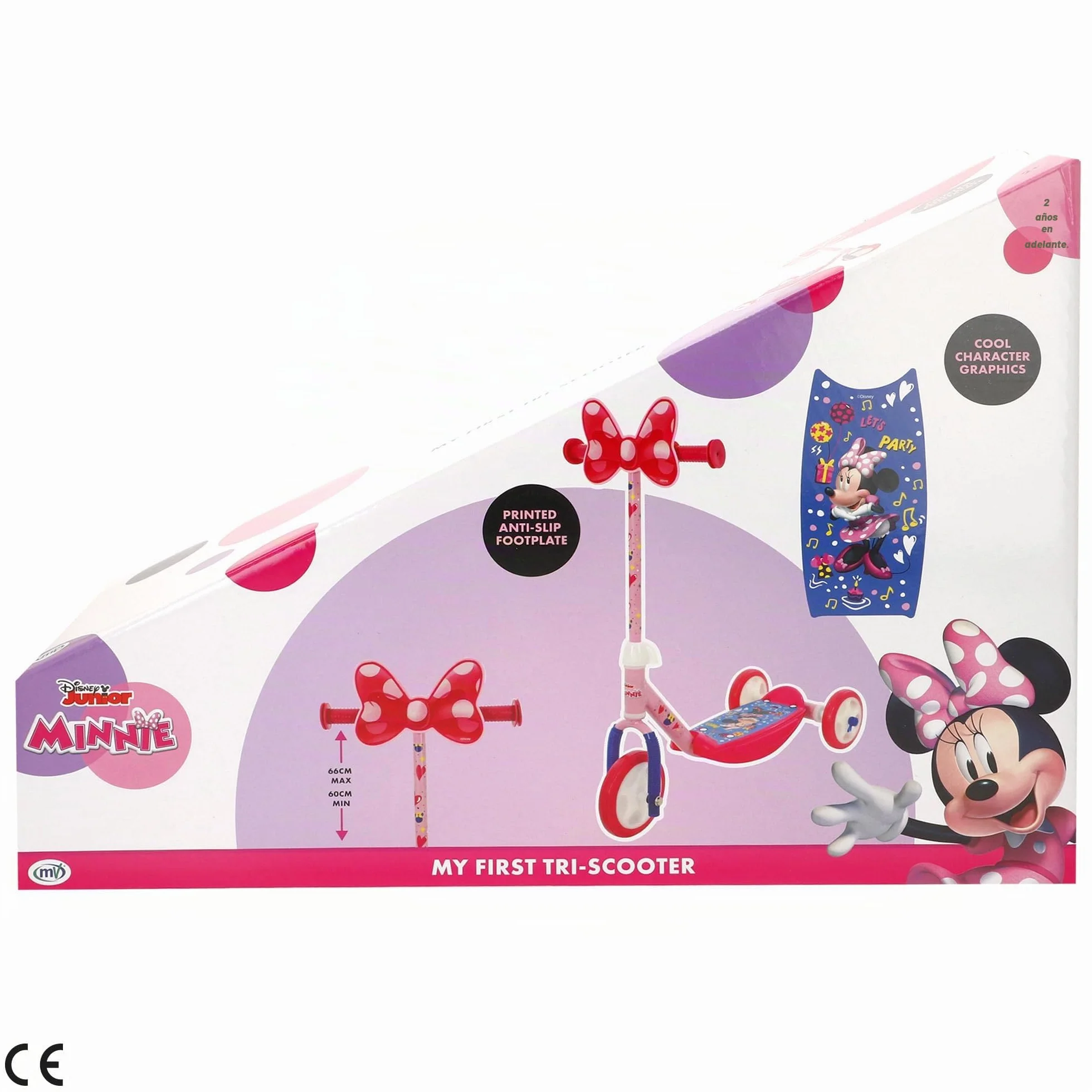 Disney Minnie Patinete 3 Ruedas +20 kg +2 años, 57x30x60-66 cm, Escudo Delantero, Juegos para niños, Motricidad, Diseño Colorido Minnie Mouse, Patinete Infantil, Fácil de Montar (77742)