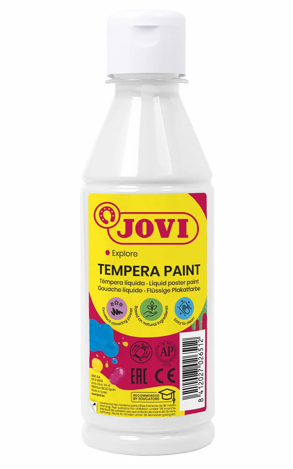 Tempera Liquida Jovi 50201, 250 ml, Blanco | Pintura a base de ingredientes naturales, Fácil de lavar, Sin gluten