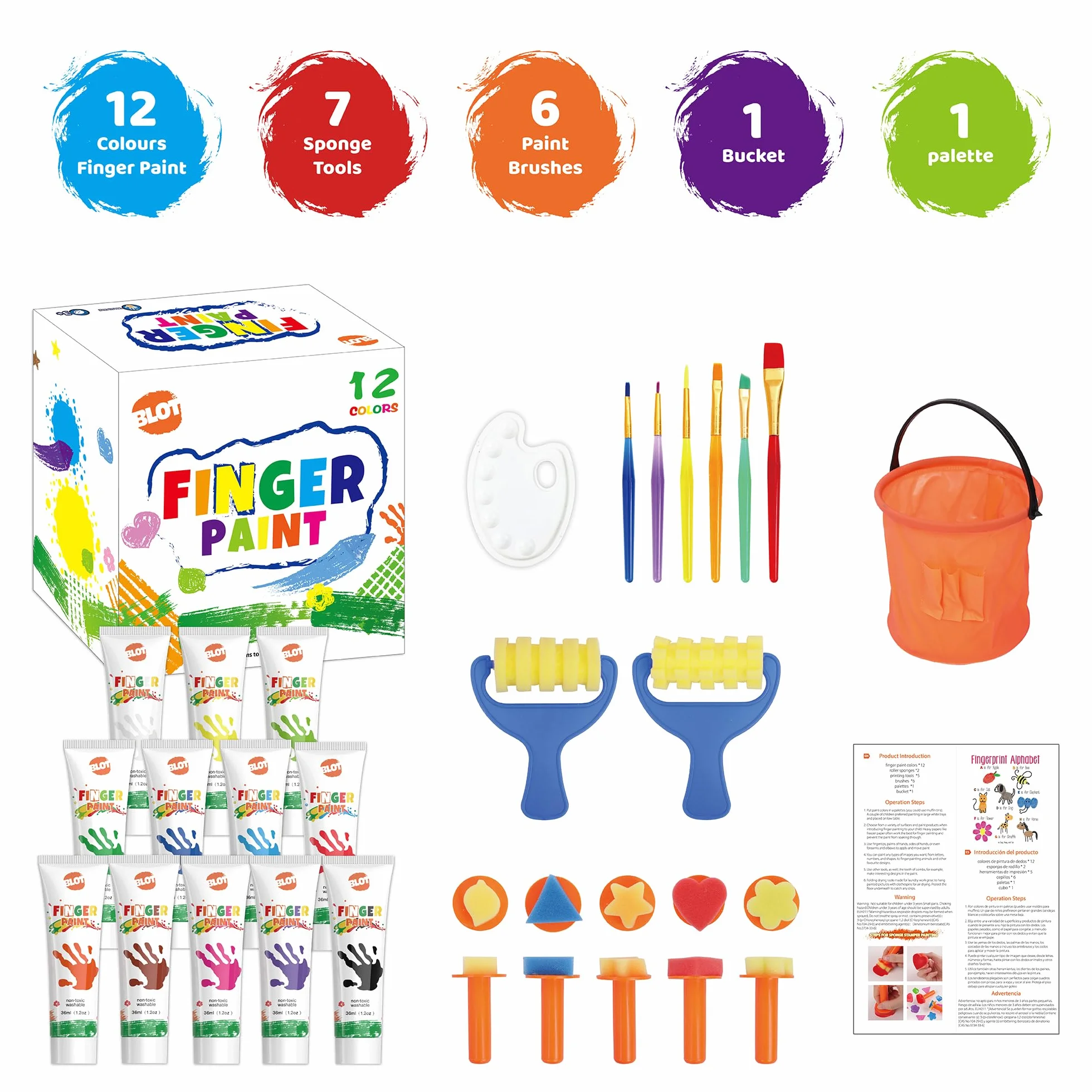BLOT Pintura de Dedos para Niños Pequeños, Set de Pinturas de Dedos Lavables para Niños, 12 Colores (36ml cada uno), Incluye 7 Herramientas de Esponja, 6 Pinceles, Paleta y Cubo, A partir de 3 años