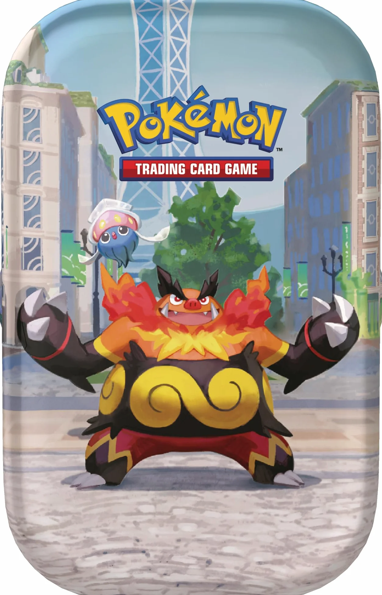 Pokémon JCC Minilata Ciudad Luminalia: Emboar e Inkay con 2 Sobres de Mejora, 1 Tarjeta Ilustrada y 1 Pegatina