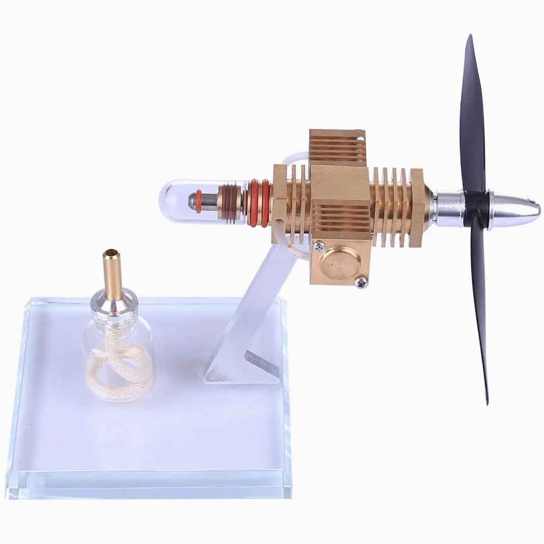 Mini modelo de motor Stirling de hélice de avión con base transparente para experimentos científicos de física