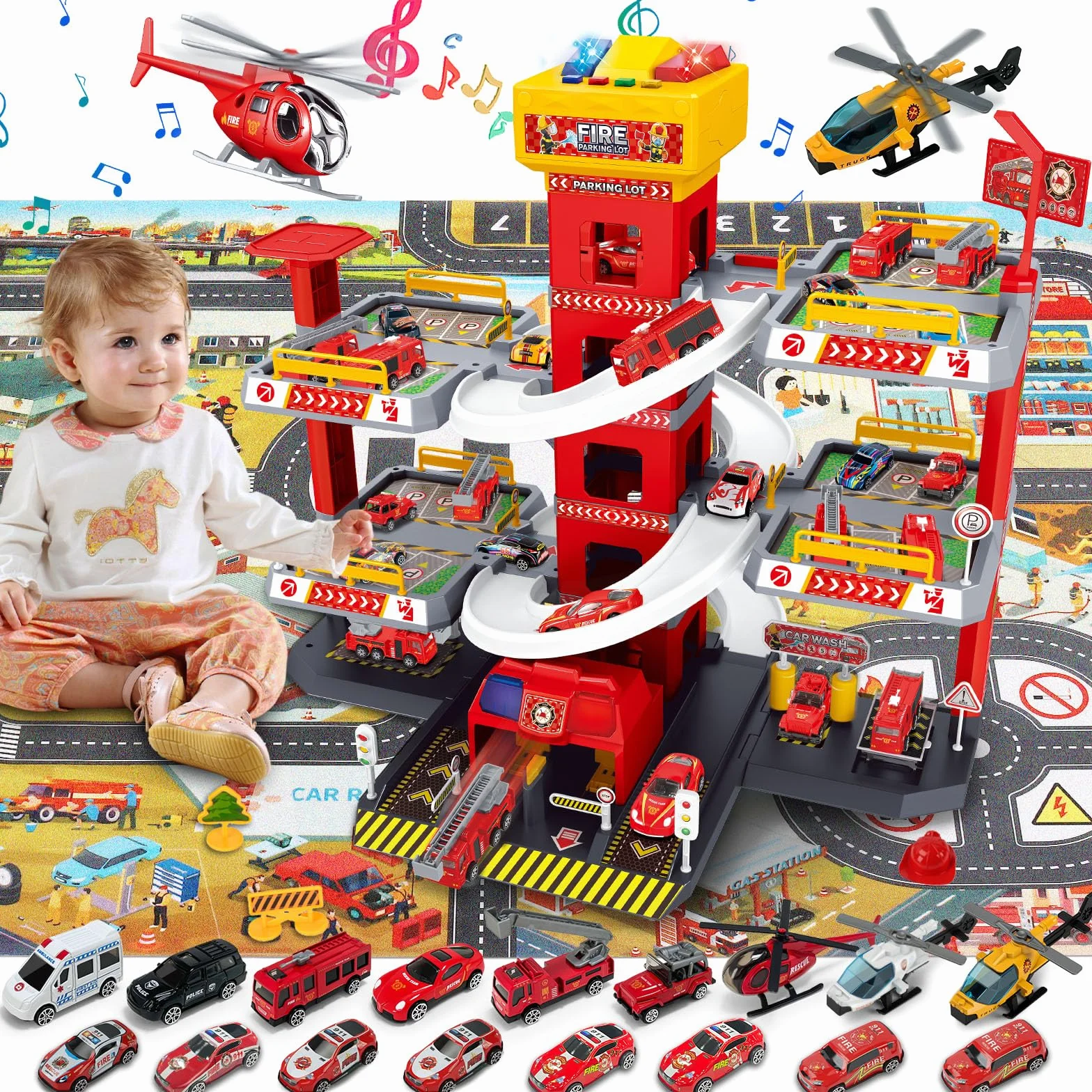 BuzzoXerex 5 Plantas Garaje Coches para Niños, Parking Molto con 14 Coches y 2 Helicóptero, Parking Juguete con Pista de Coches y Ascensor, Educativos Regalos para Niños 5 6 7 8 9 Años (Rojo)