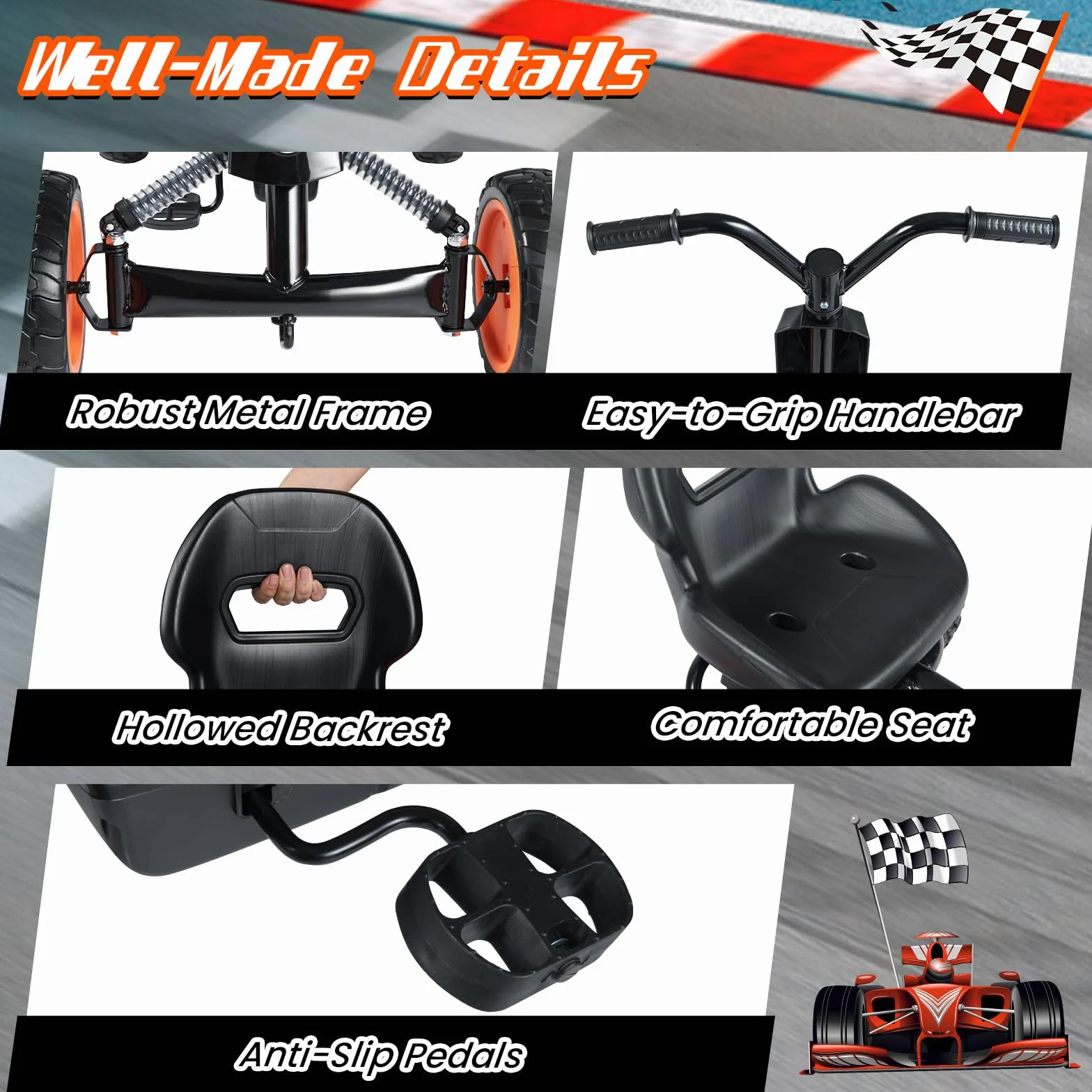 FANTASK Niños Gokart con Pedal, Asiento Ajustable, Marcha adelante y atrás, soporta hasta 30 kg, Coche de Pedal Exterior para niños y niñas a Partir de 3 años (Negro)