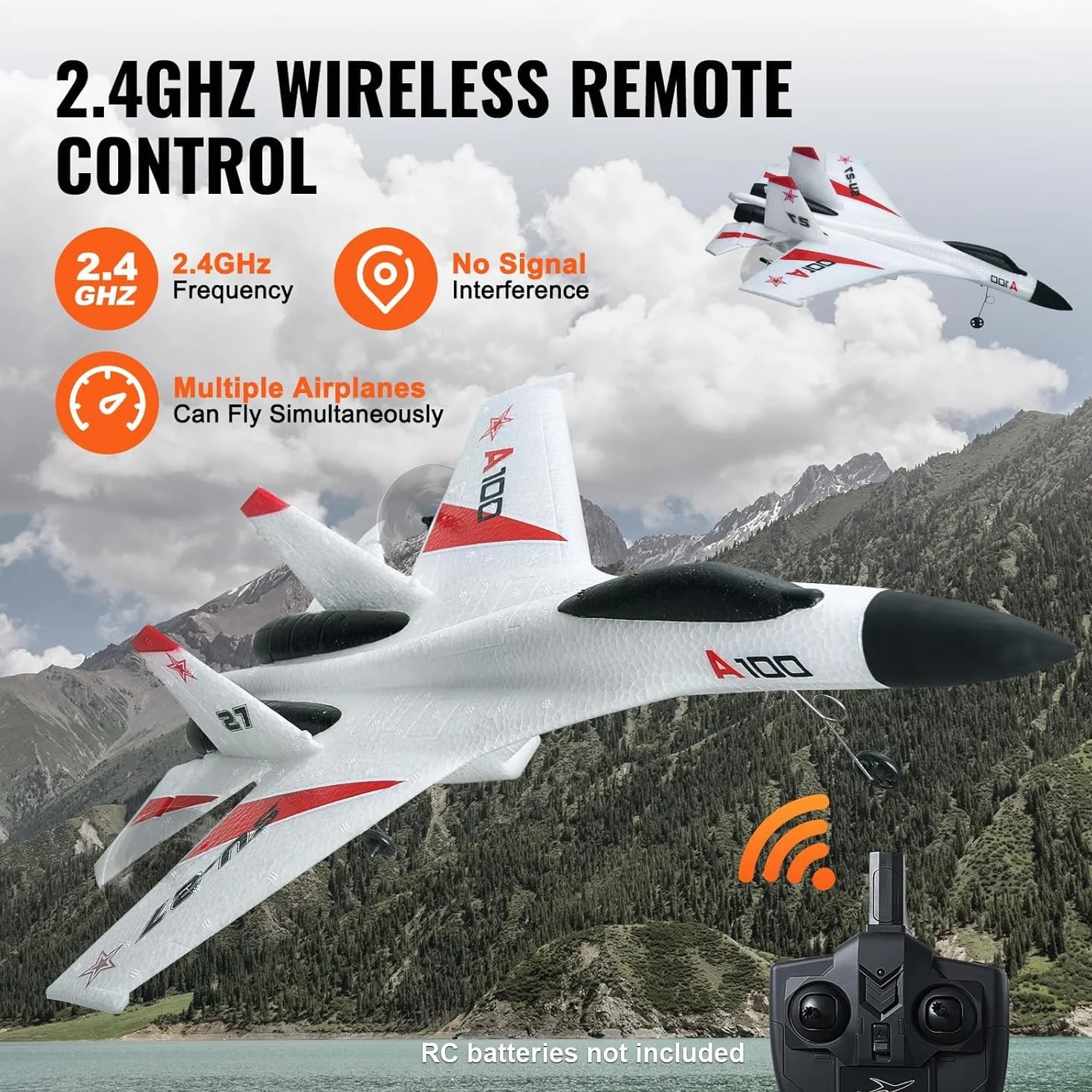 VEVOR Avión RC Avión de Control Remoto de 4 Canales de 2,4 GHz con Estabilizador Giroscópico de 6 Ejes Avión de Combate Listo para Volar Juguete con 2 Baterías para Adultos, Niños, Principiantes