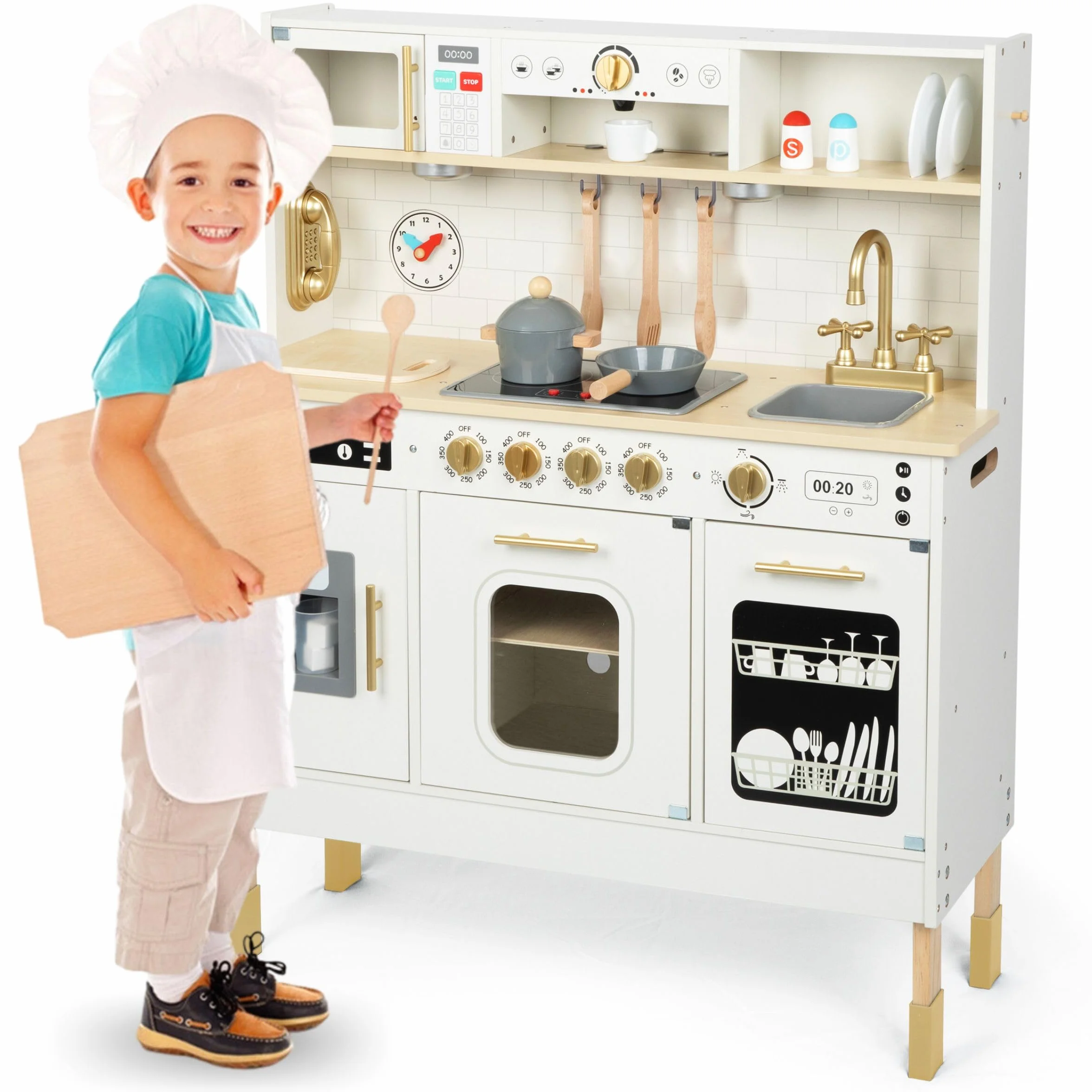 Mamabrum Cocina de Juguete para Niños de Madera con Luces LED - Juguetes Cocina Niños Interactiva con Altura Ajustable - Incluye Microondas, Lavavajillas y Accesorios - 104cm