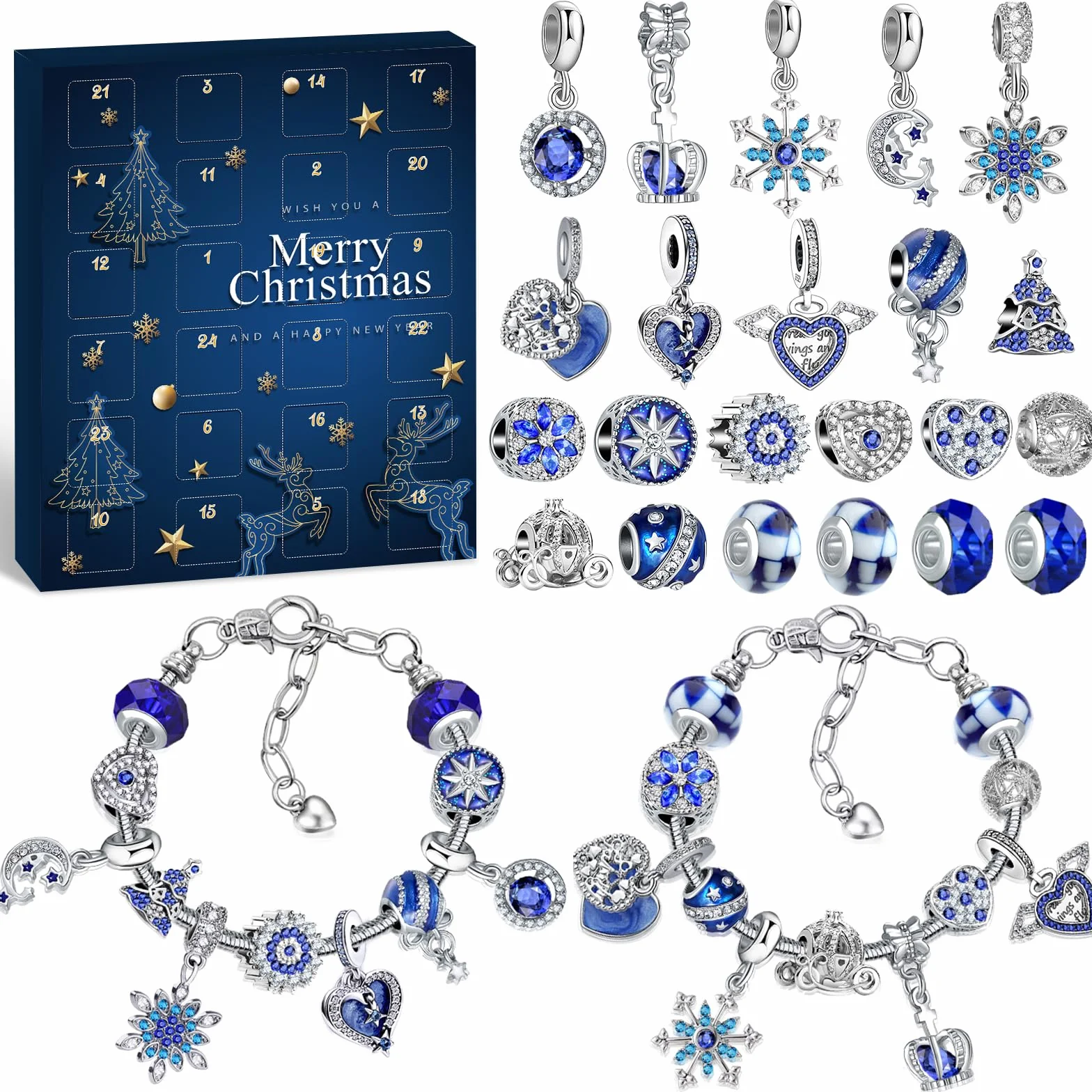 Calendario de Adviento 2025 Joyas Niña Pulseras, 24 días de Sorpresa Calendario de Navidad Cuenta Regresiva Mujer Bricolaje Charms Regalos Kit, Azul