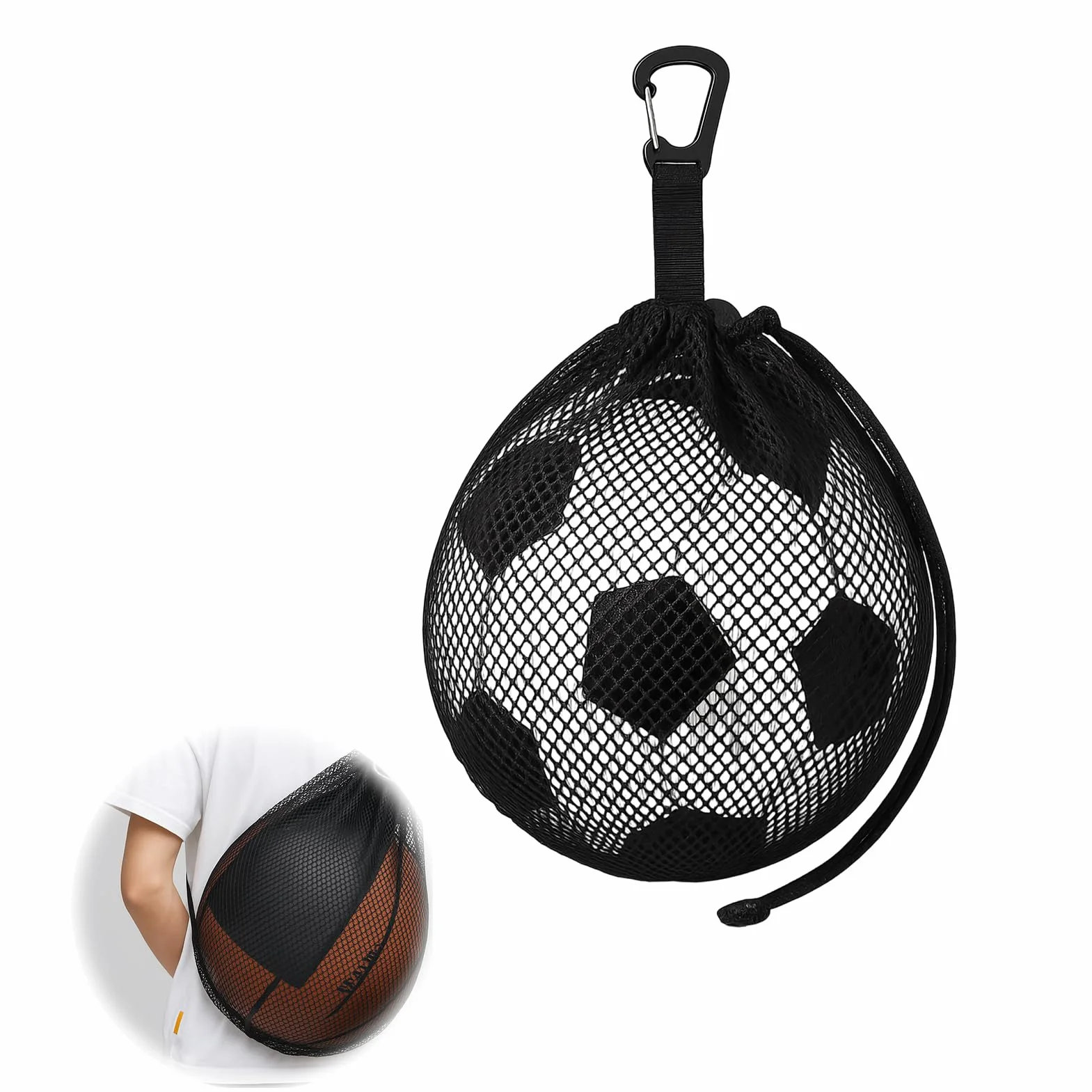 Bolsa Red para Balón de Malla Negra con Mosquetón para Baloncesto, Voleibol, Fútbol y Balonmano