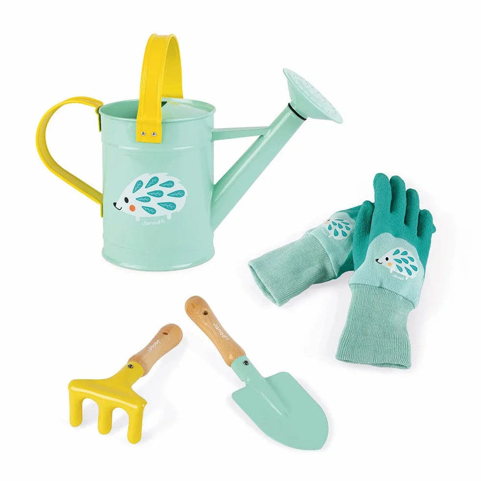 Janod - Happy Garden - Juego para Pequeños Jardineros, Incluye 4 Herramientas para Niños, Desarrollo de La Motricidad Fina - Desde Los 3 Años, Color Menta, J03187