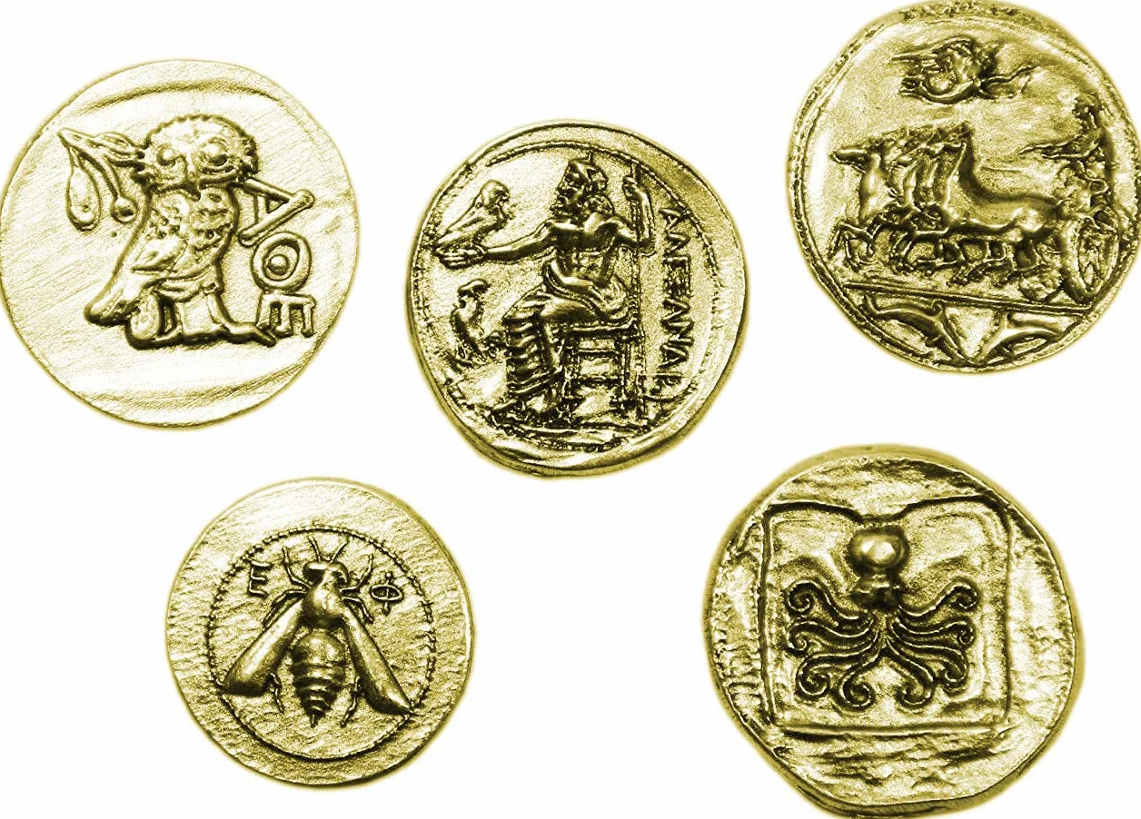 Eurofusioni Monedas Griegas Antiguas chapada de Oro - Reproducción Tetradrachm - Set 5 Piezas