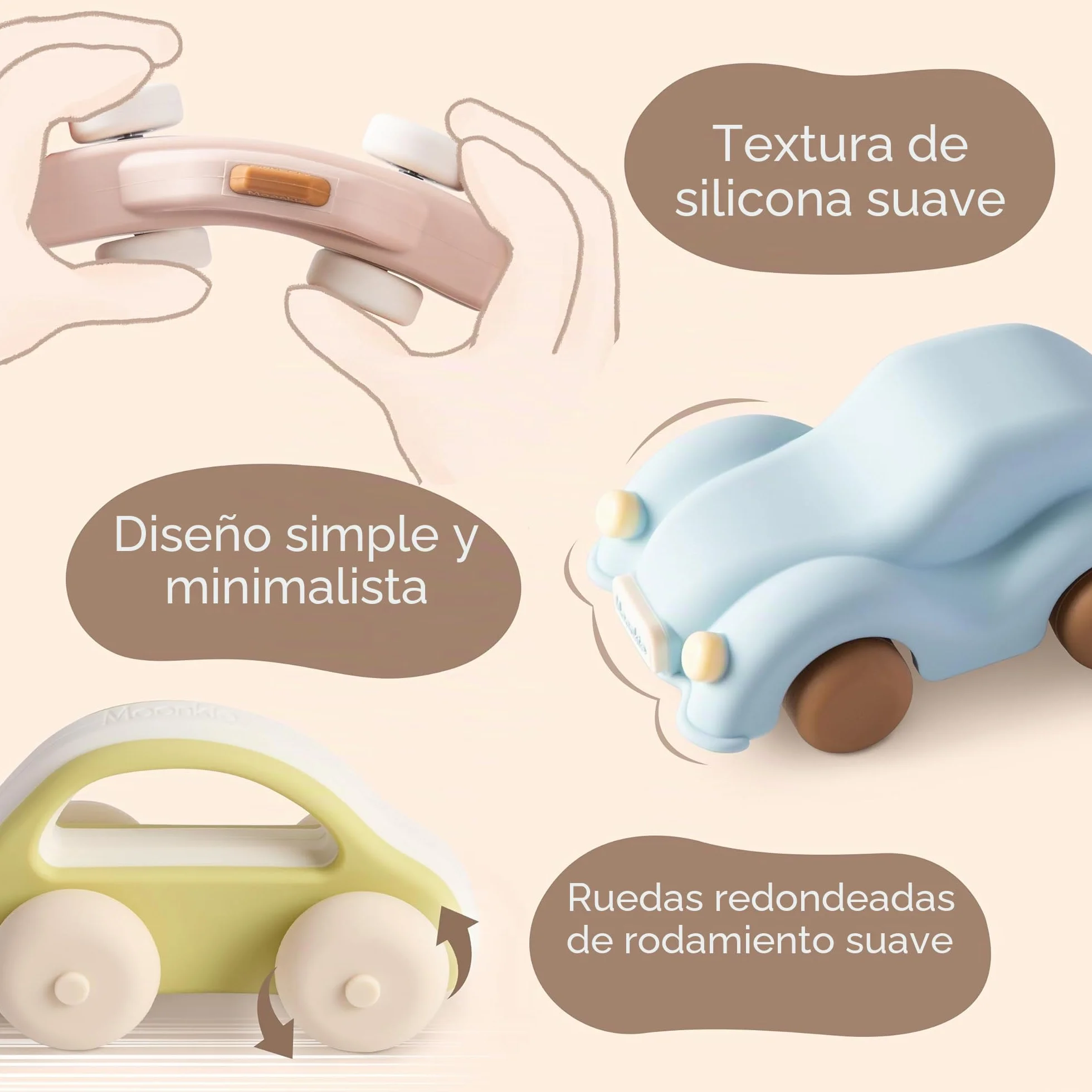 Moonkie Roll & Go Coches para Niños, Paquete de 3, Coches Juguete Silicona Blanda, Regalo Niño 6 Meses+ 1 2 3 Años, Mordedor Bebe, Juguetes Montessori, Coches para Bebes sin BPA, para Casa y Viaje
