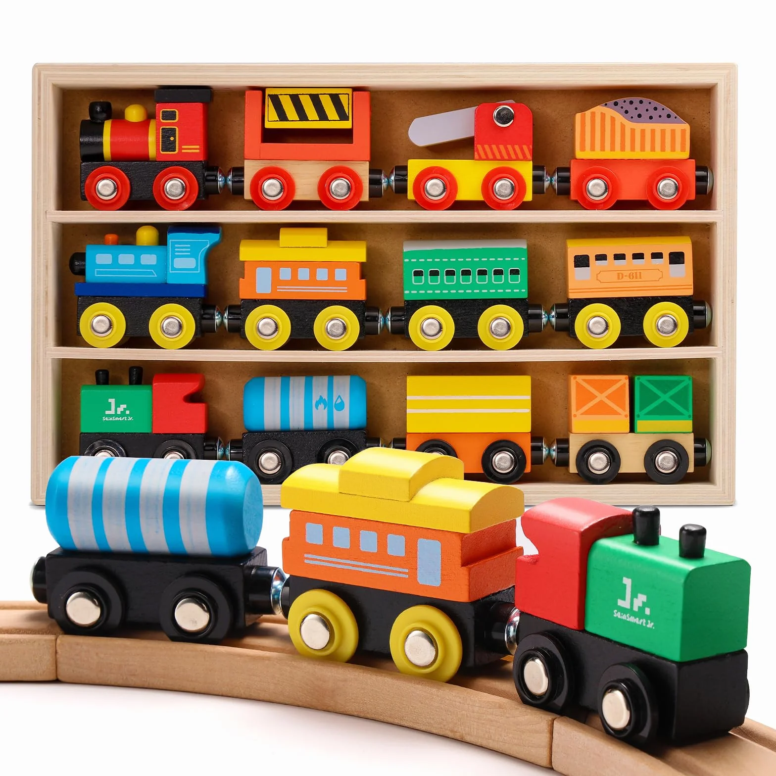 SainSmart Jr. Wooden Train Set 12 PCS - Train Toys with Storage Box, Magnetic Toy Trains Compatible with All Major Brands, Gift for Toddlers, Boys and Girls Aged 3+