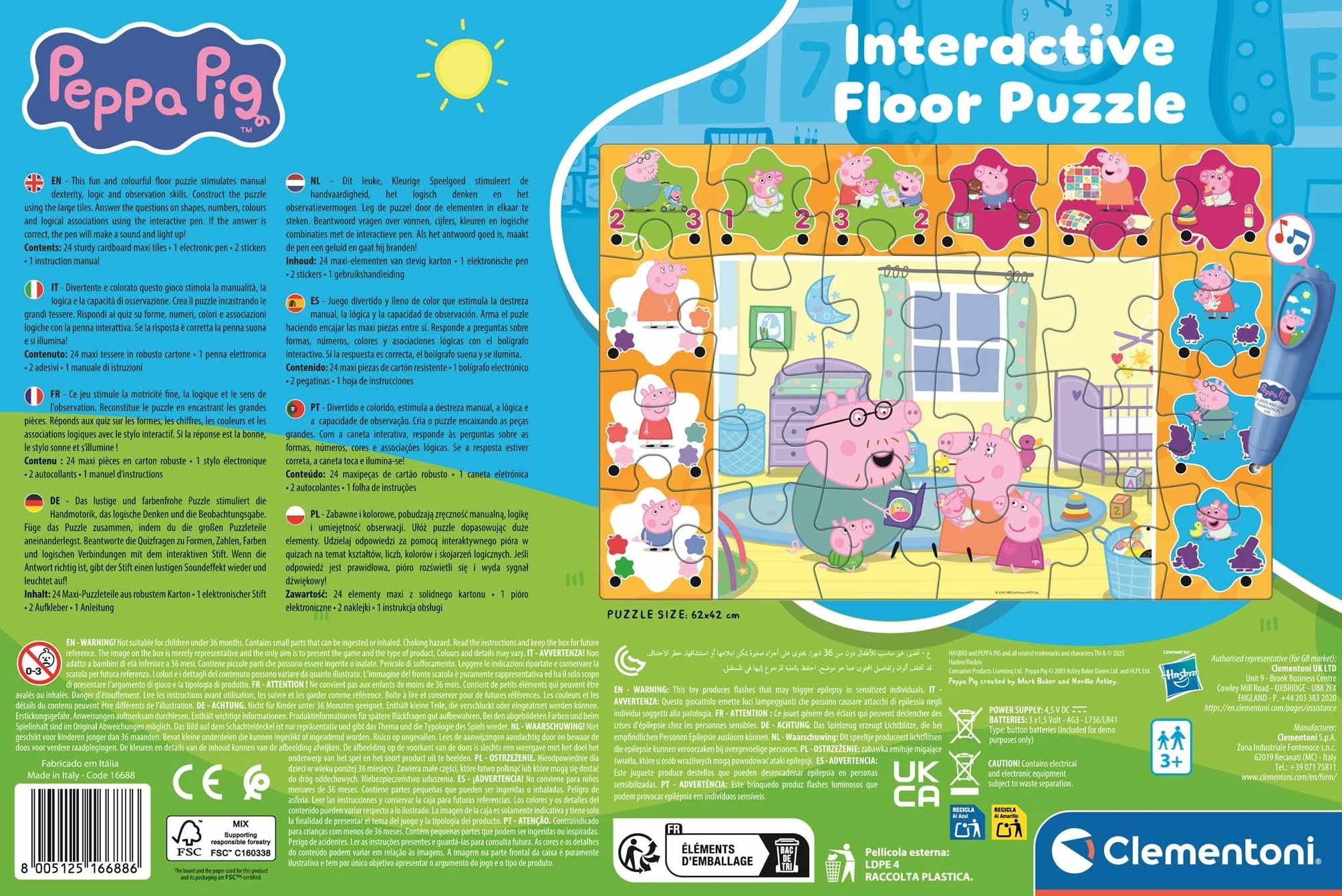 Clementoni - Puzzle Interactivo de Peppa Pig para Suelo- 24 Piezas, Pen Interativa, Desarrollo Autonomía y Concentración, 3+ Años, 62x42 cm, 16688