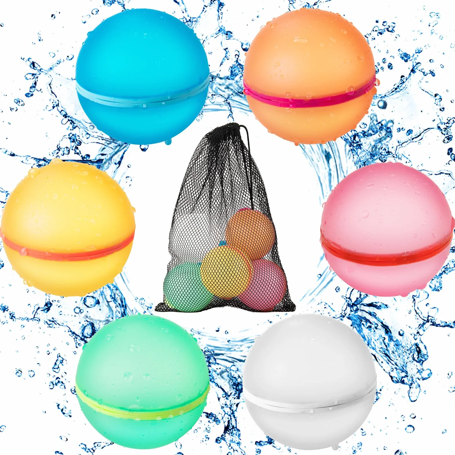 6 Piezas Globos de Agua Reutilizables, Globos Agua in Silicona Llenado Rapido, con Bolsa de Malla, Juego de Bombas de Agua, Adecuado Para Niños y Adultos, Playa, Fiesta en la Piscina