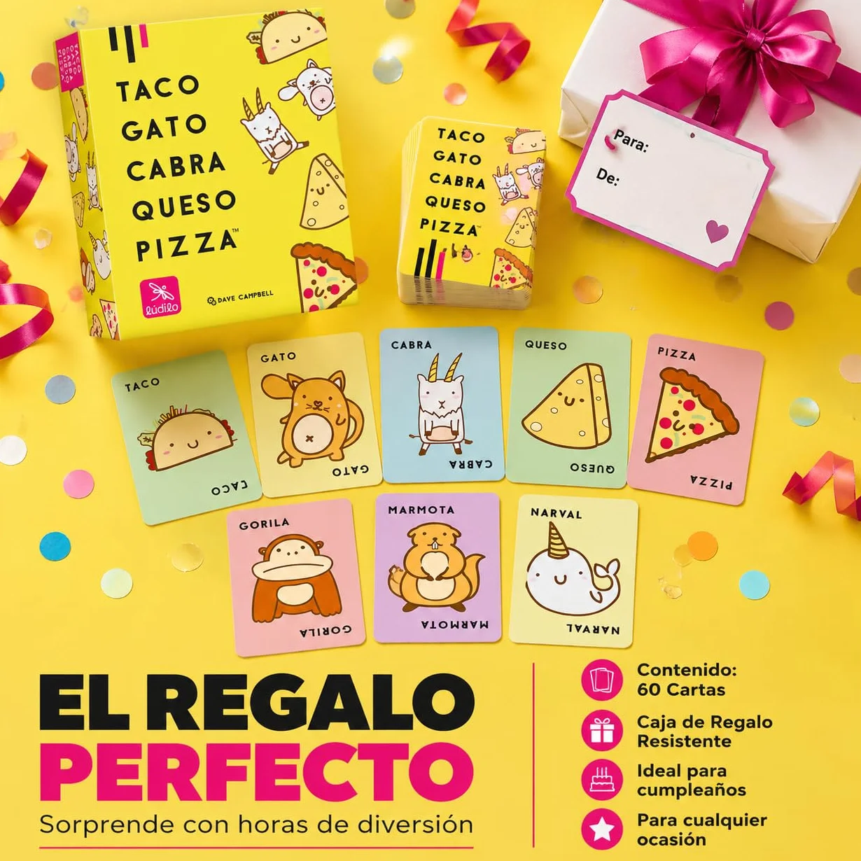 Ludilo Taco Gato Cabra Queso Pizza Juego de Cartas para Niños 8+ Años 3-8 Jugadores 60 Cartas