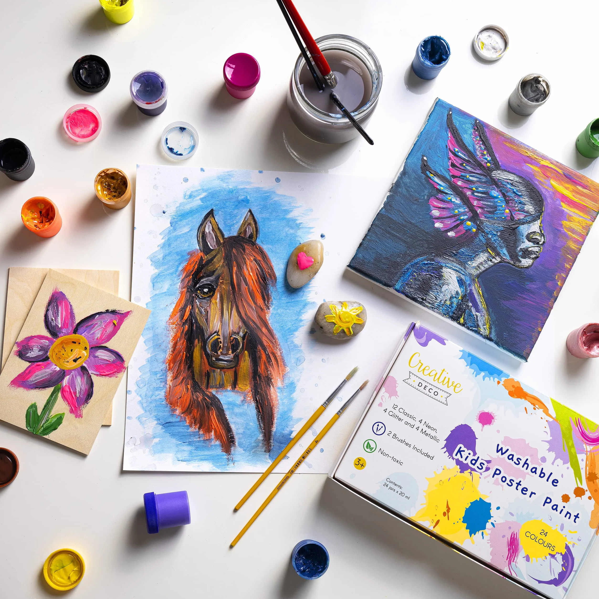 Creative DECO Temperas para Niños Lavable Pintura Dedos Bebes | 24 x 20 ml Botes | No Tóxica | Colores Básicos Fluorescentes Brillantes Metálicos y Neón | para Principiantes y Artistas Navidad