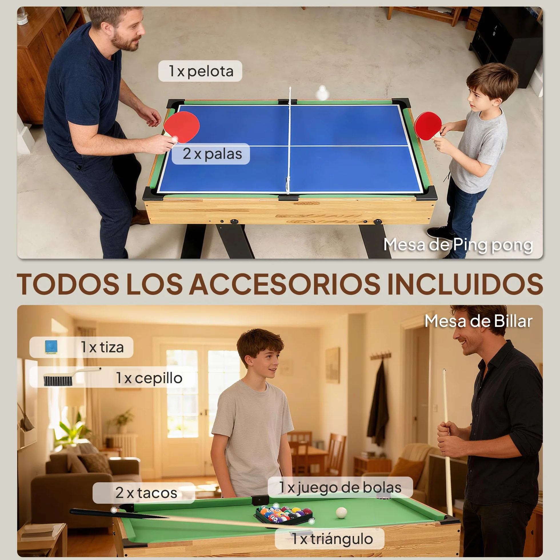 SPORTNOW Mesa Multijuegos Plegable 13 en 1, Mesa de Juego con Futbolines para Niños, Billar, Ping-pong, Hockey, Ajedrez, Damas, Backgammon y Accesorios, Diversión Familiar para Adultos y Niños Natural