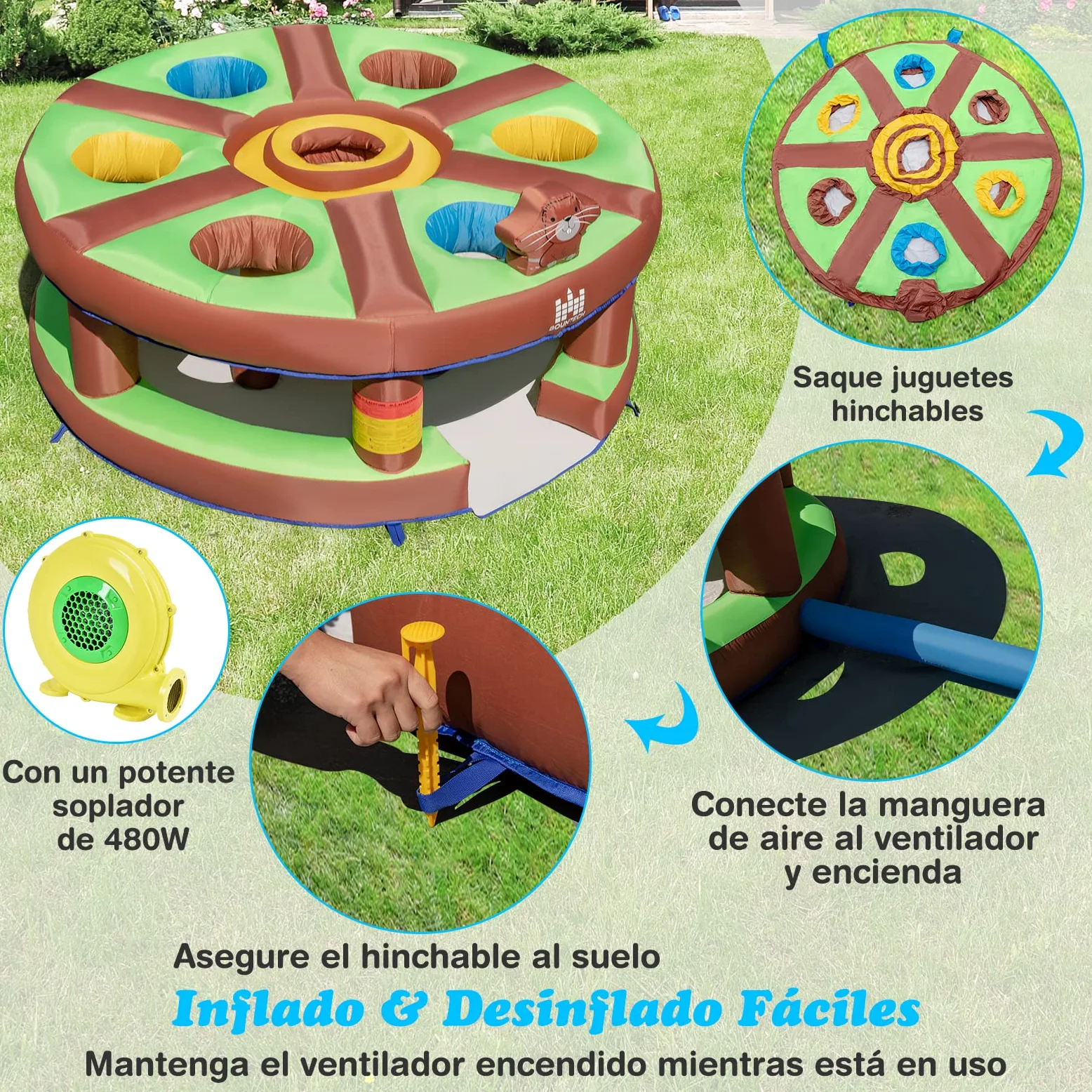 COSTWAY Juego Infantil Hinchable Golpeando un Topo, Juguete con Soplado de 480W, Bate Hinchable, Palos, Juego Interactivo para Patio, Parque, Fiesta, Regalo para Mayores de 3 Años