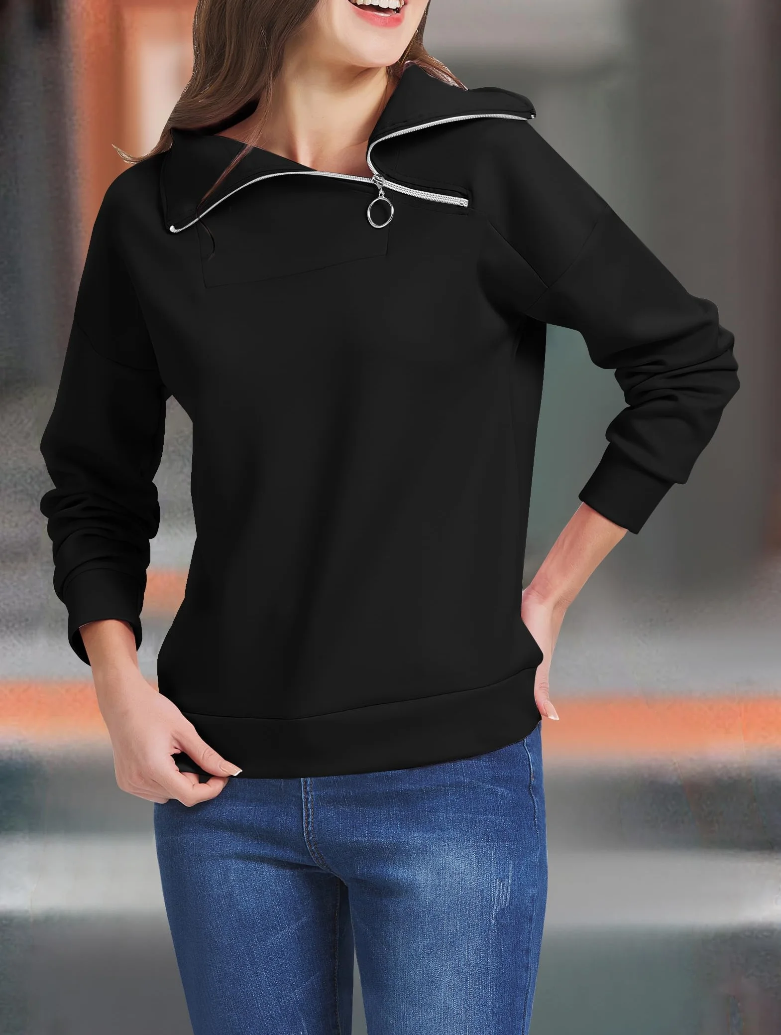 Cuptacc Sudadera Mujer Manga Larga Cuello Alto Cremallera 1/4 Pullover
