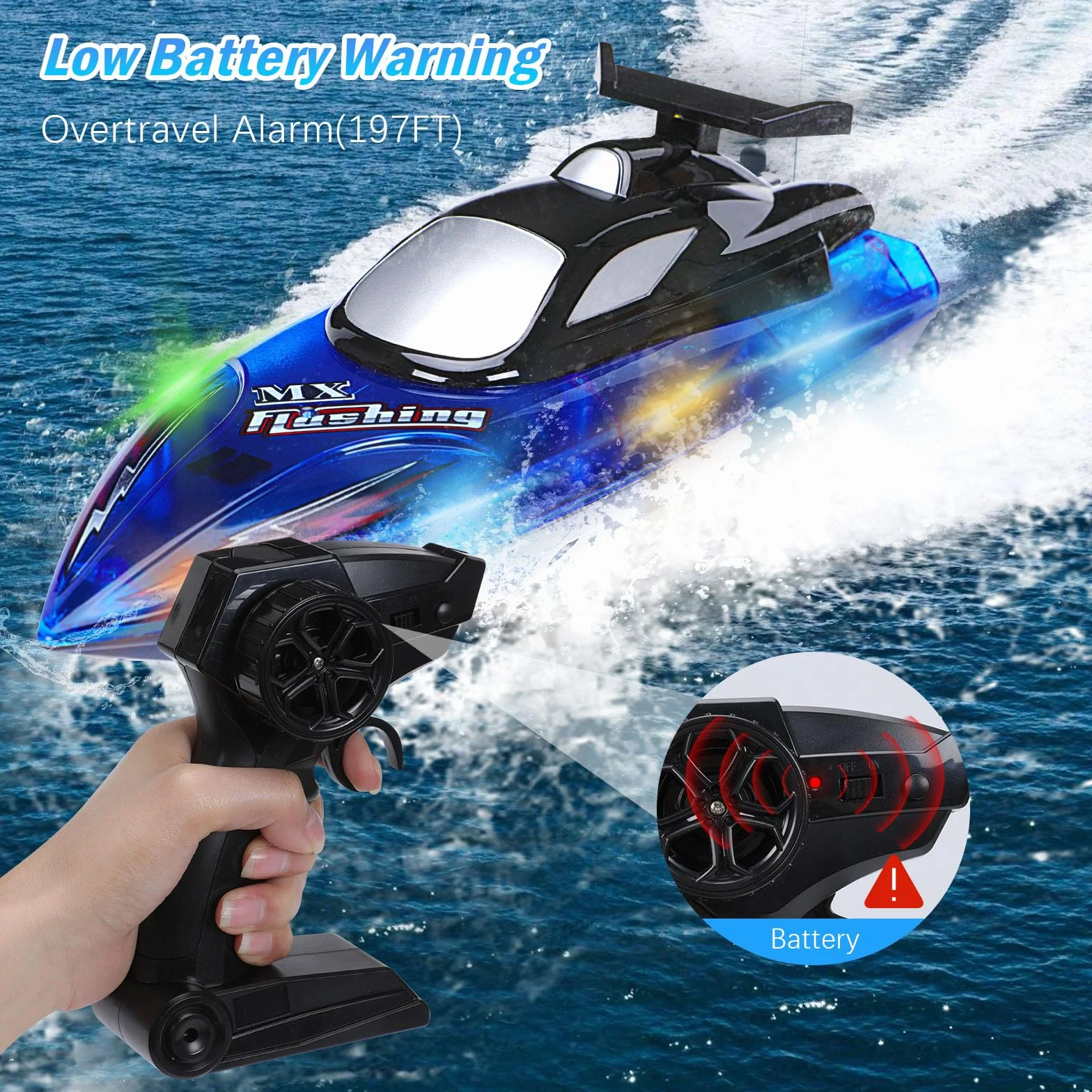 Barco RC para Niños con Luces LED, Control 2.4 GHz, 2 Baterías Recargables, Alarma de Batería Baja, Juguete Acuático para Piscinas y Lagos, Niños de 8 a 12 Años