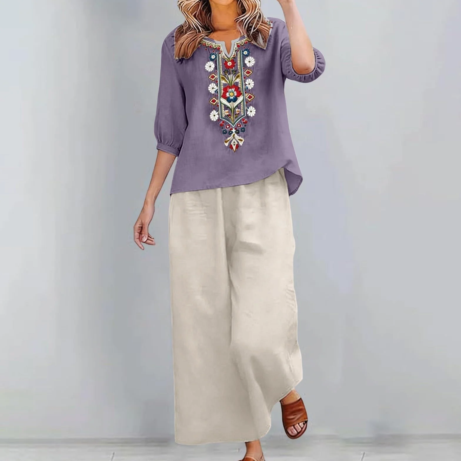 Riou Conjunto Mujer Verano 2 Piezas Algodon Lino Traje Primavera Ligero Chándal Blusa Manga 3/4 Pantalones M-3XL