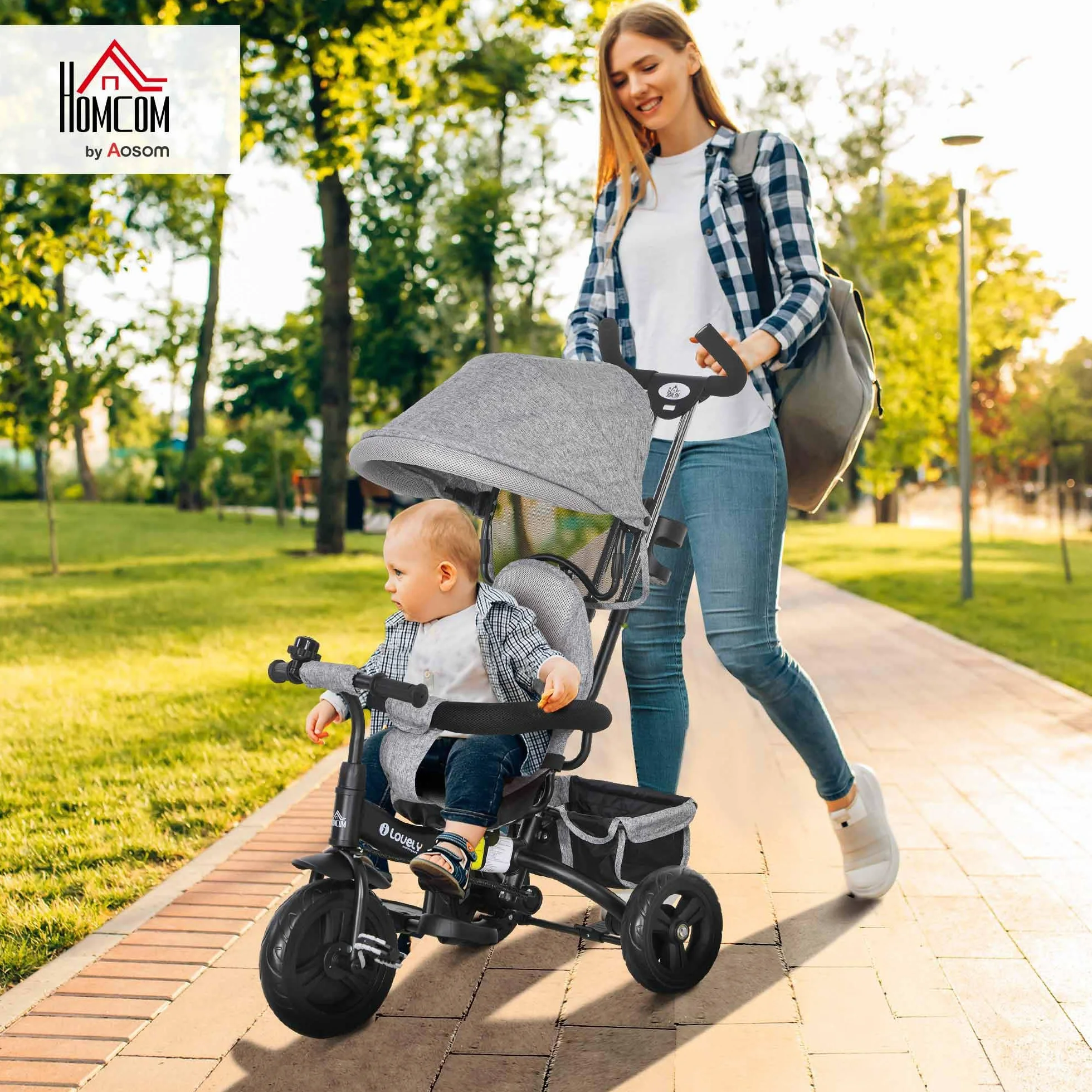 HOMCOM Triciclo Evolutivo para Bebés 6 en 1 Triciclo para Niños de 1-5 Años Bicicleta para Niños con Toldo Plegable Mango Telescópico Desmontable Cinturón de Seguridad y Cesto 95x50x106 cm Gris